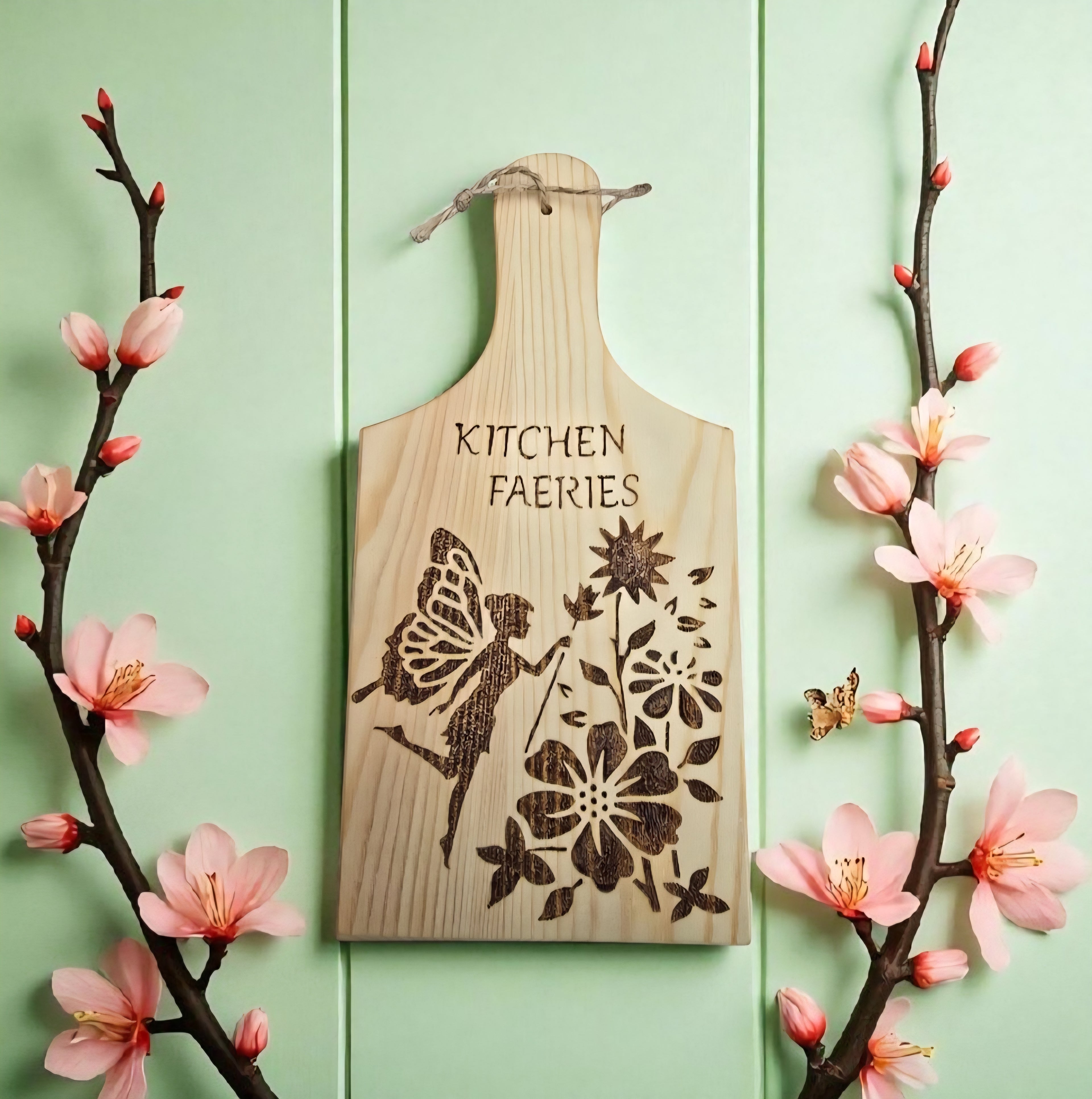Kitchen Faeries Pyrography Wooden Board - Handmade Fairy Kitchen Decor - Rustic Cottagecore Gift - Cornish Creations