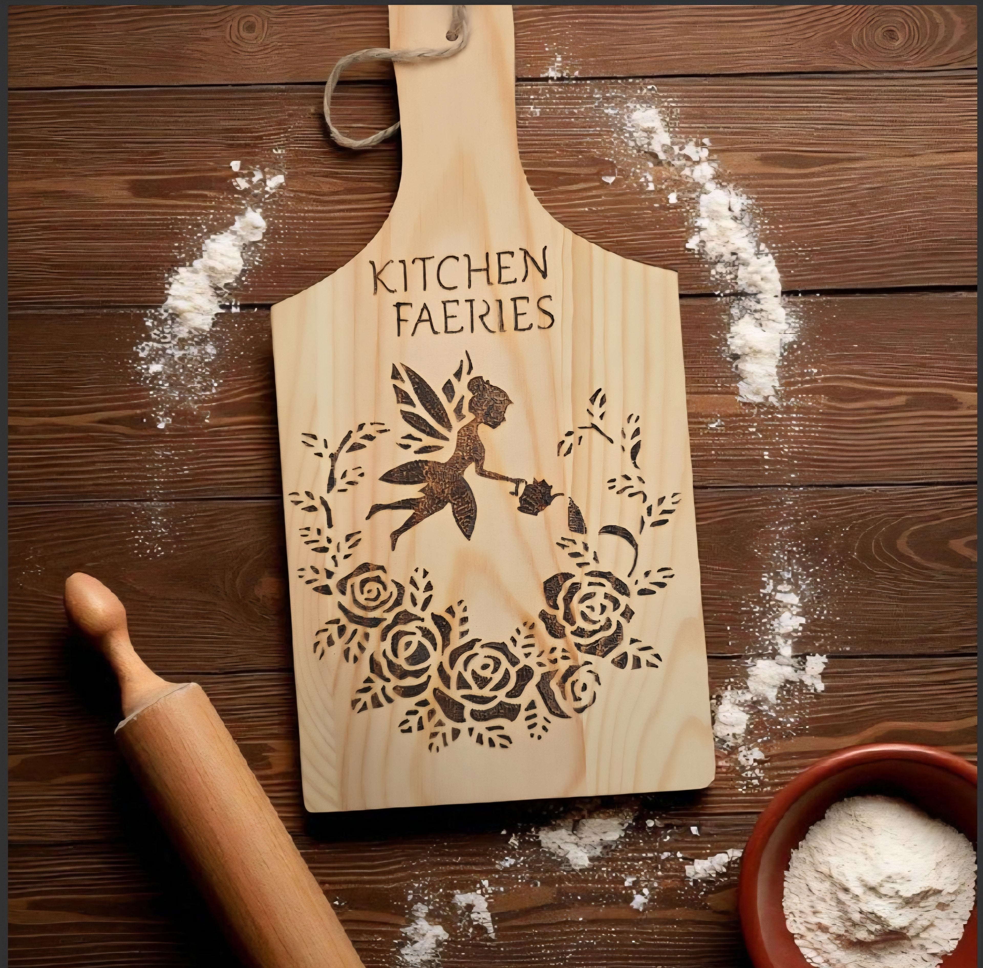 Kitchen Faeries Pyrography Wooden Board - Handmade Fairy Kitchen Decor - Rustic Cottagecore Gift - Cornish Creations