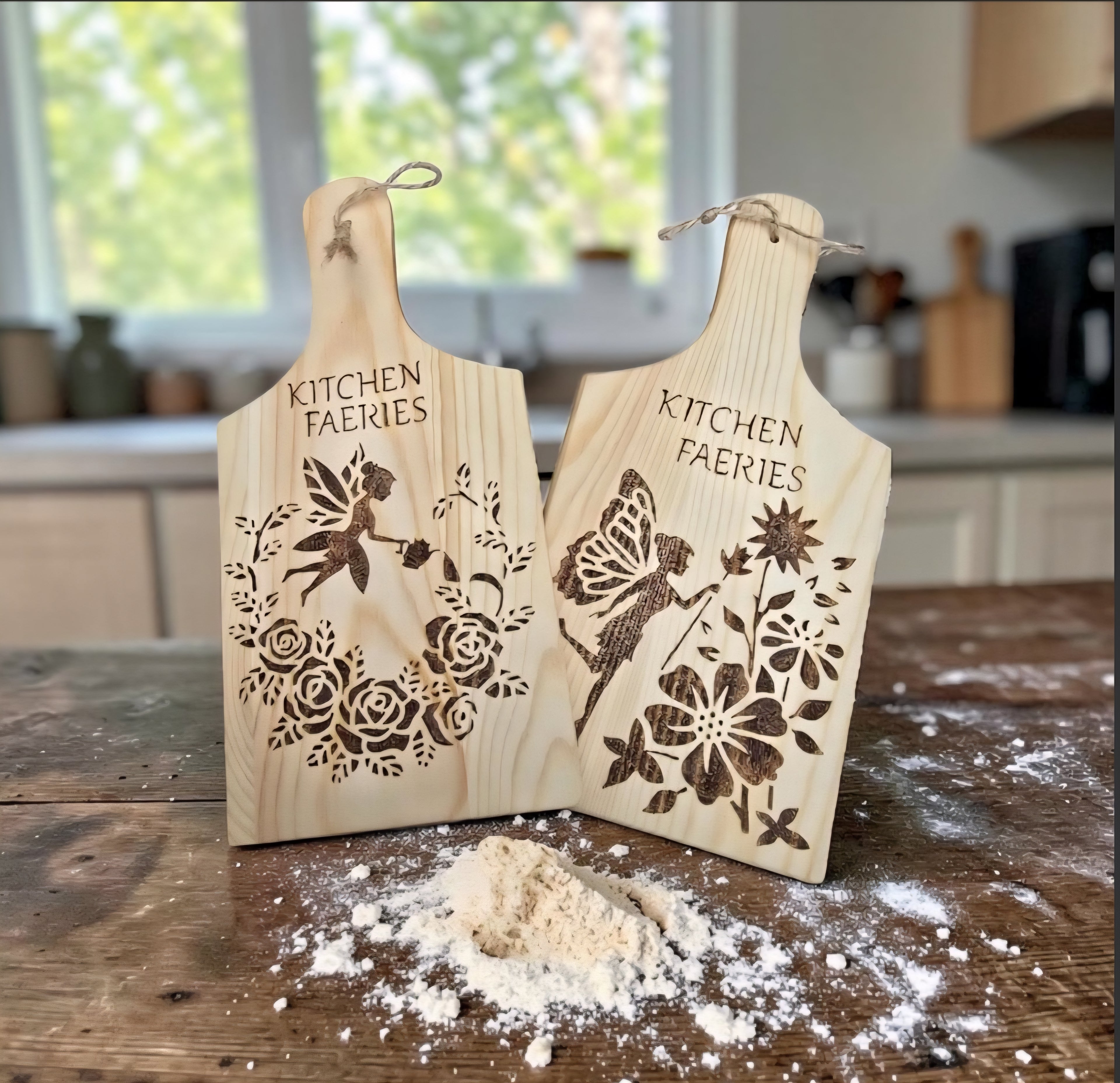 Kitchen Faeries Pyrography Wooden Board - Handmade Fairy Kitchen Decor - Rustic Cottagecore Gift - Cornish Creations