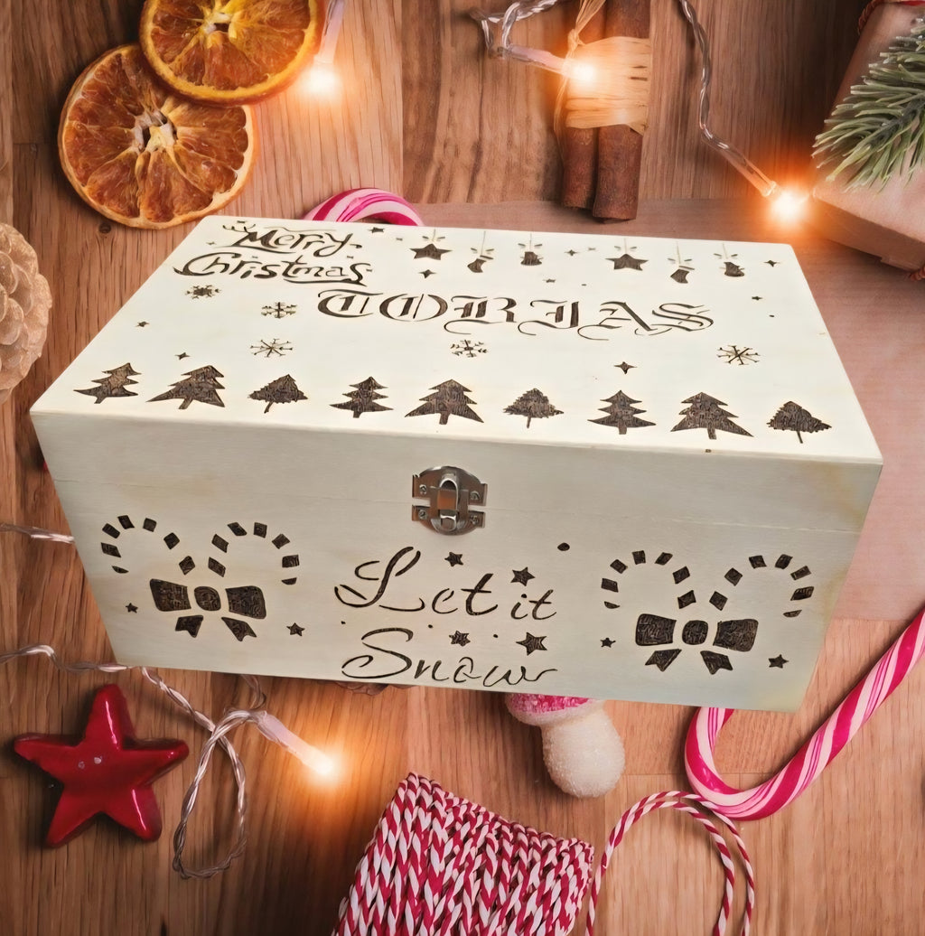 Personalised Christmas Eve Box - Handmade Wooden Xmas Eve Box - Pyrography Reindeer & Snowflake Keepsake Box - Cornish Creations