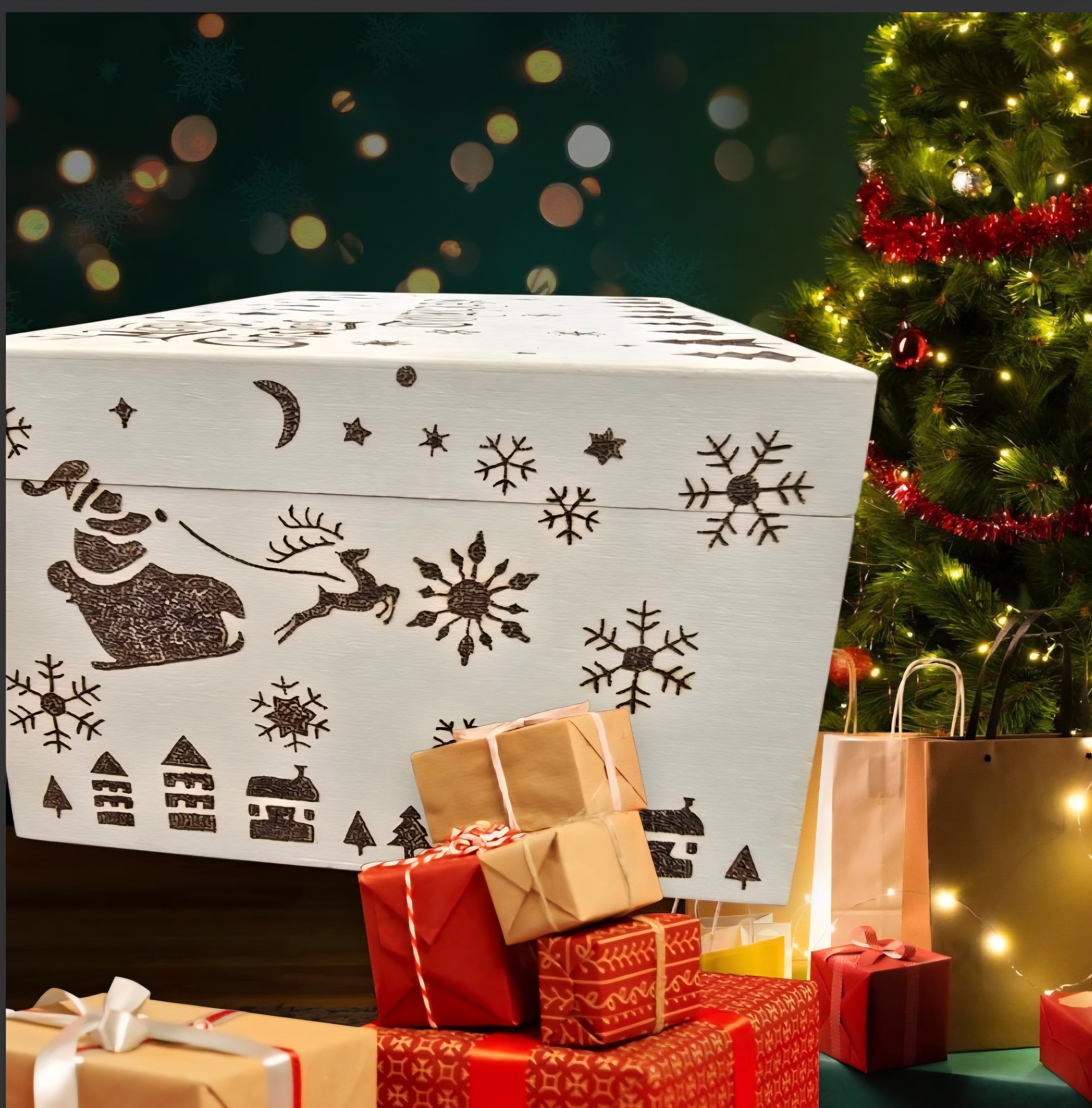 Personalised Christmas Eve Box - Handmade Wooden Xmas Eve Box - Pyrography Reindeer & Snowflake Keepsake Box - Cornish Creations