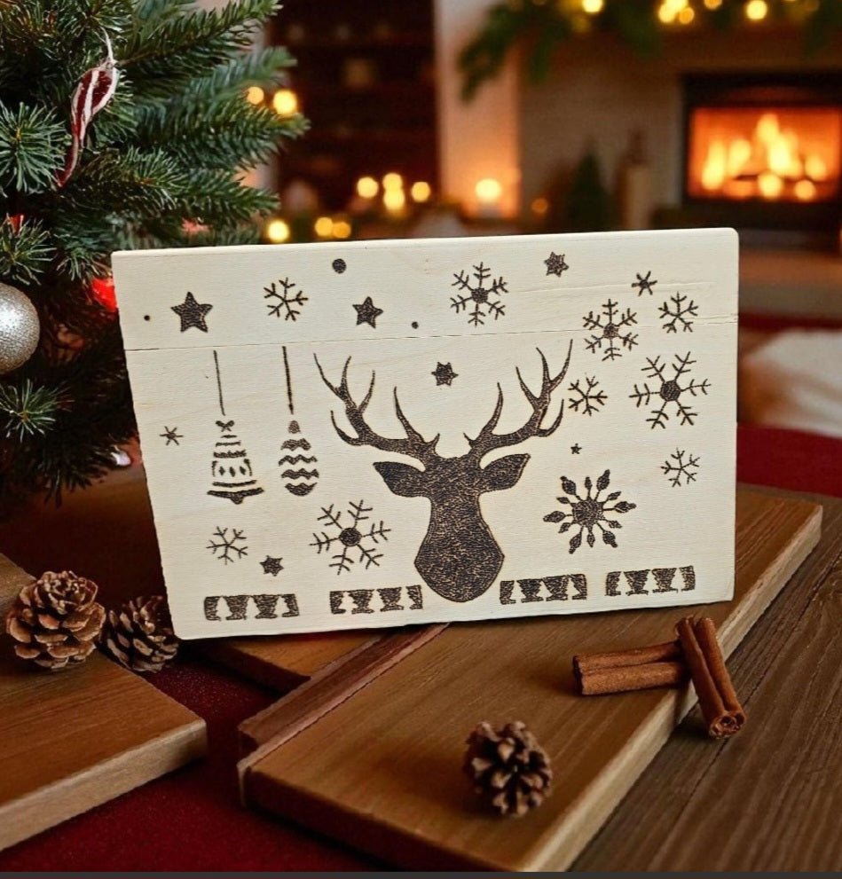 Personalised Christmas Eve Box - Handmade Wooden Xmas Eve Box - Pyrography Reindeer & Snowflake Keepsake Box - Cornish Creations