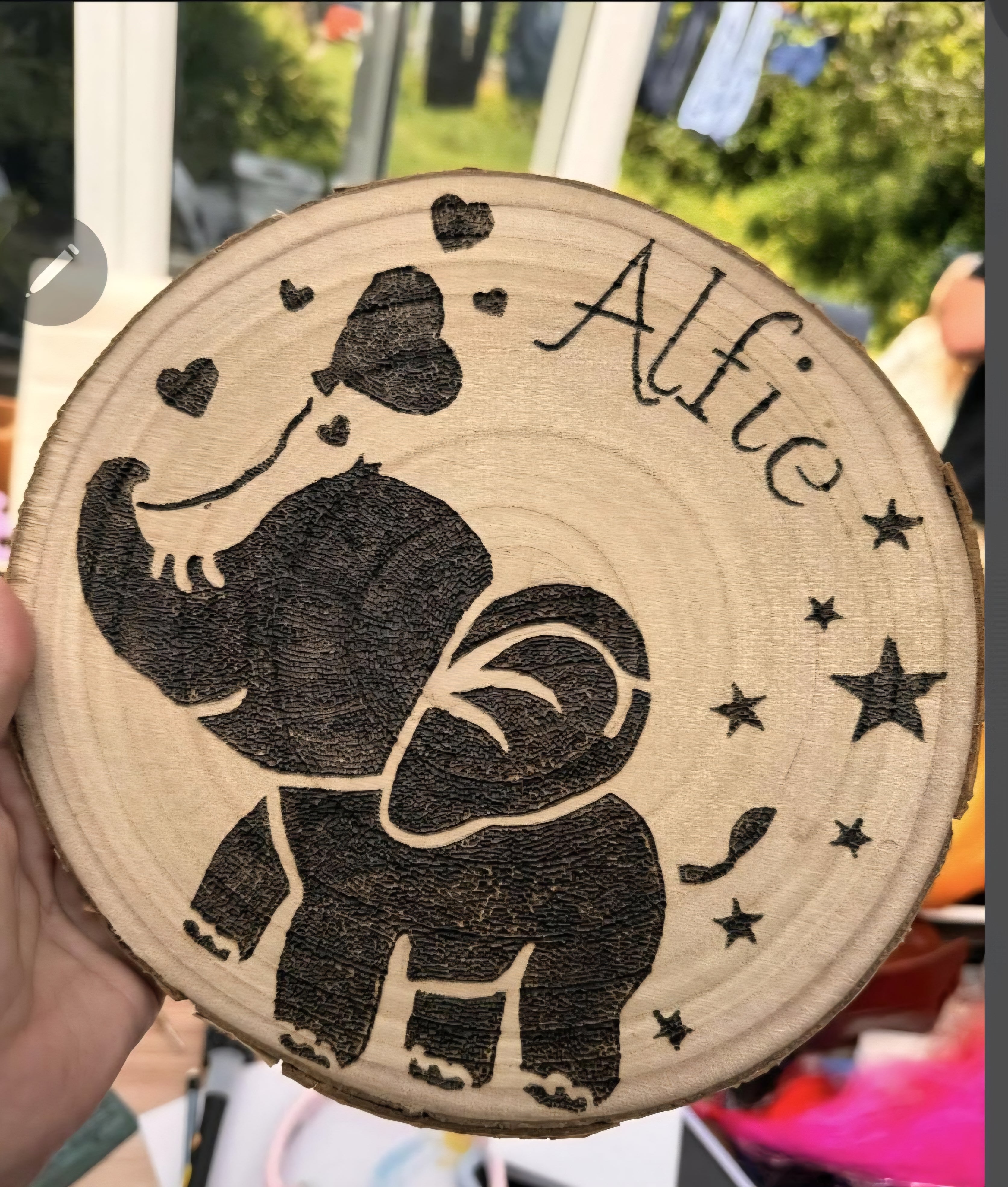 Personalised Wood Slice - Baby Gift - Handmade Pyrography Nursery Decor - Elephant Keepsake - Rustic Name Plaque - Cornish Creations