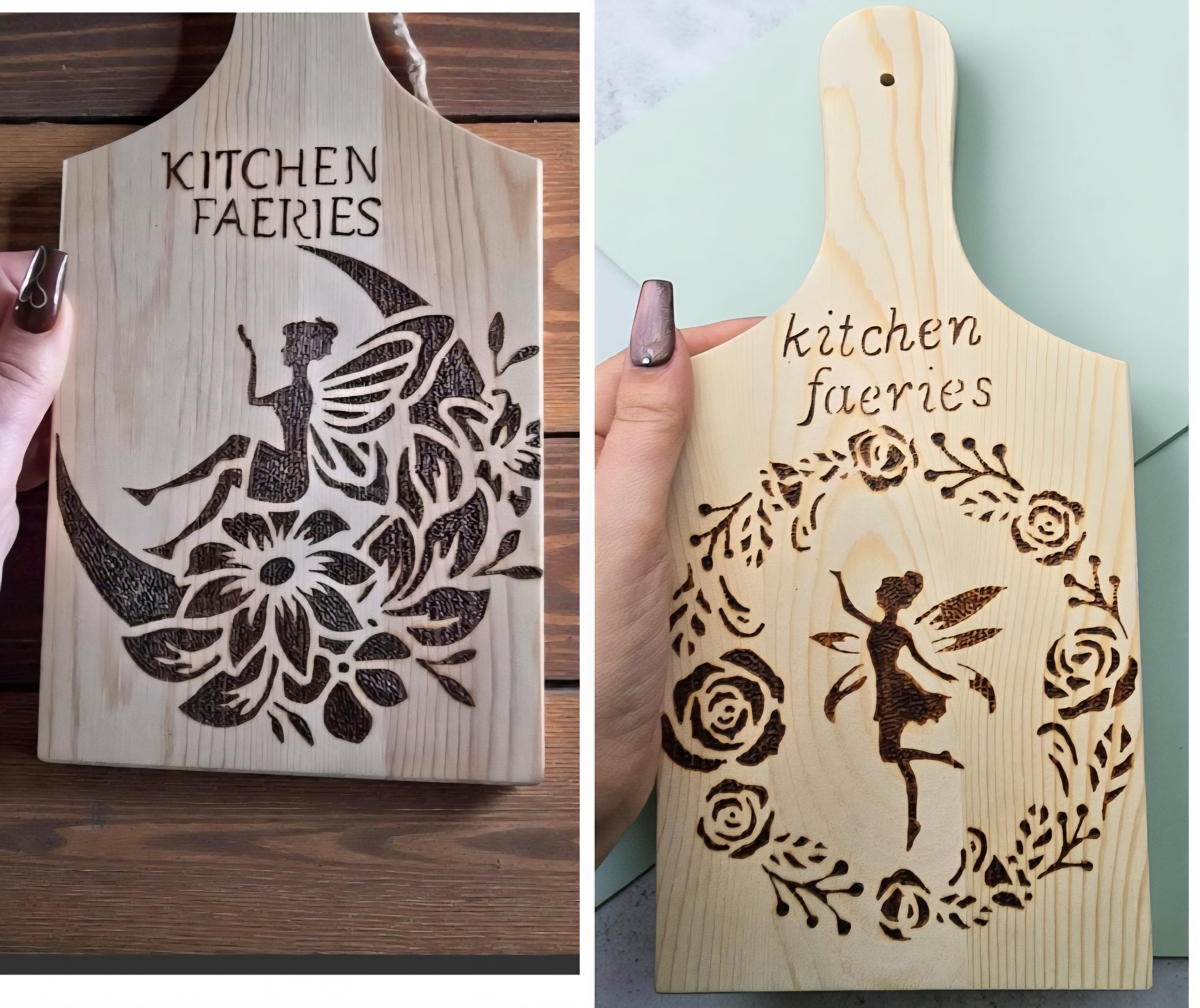 Kitchen Faeries Wooden Chopping Board - Handmade Pyrography Decor - Fairy Kitchen Gift - Rustic Cottagecore Kitchen Sign - Cornish Creations