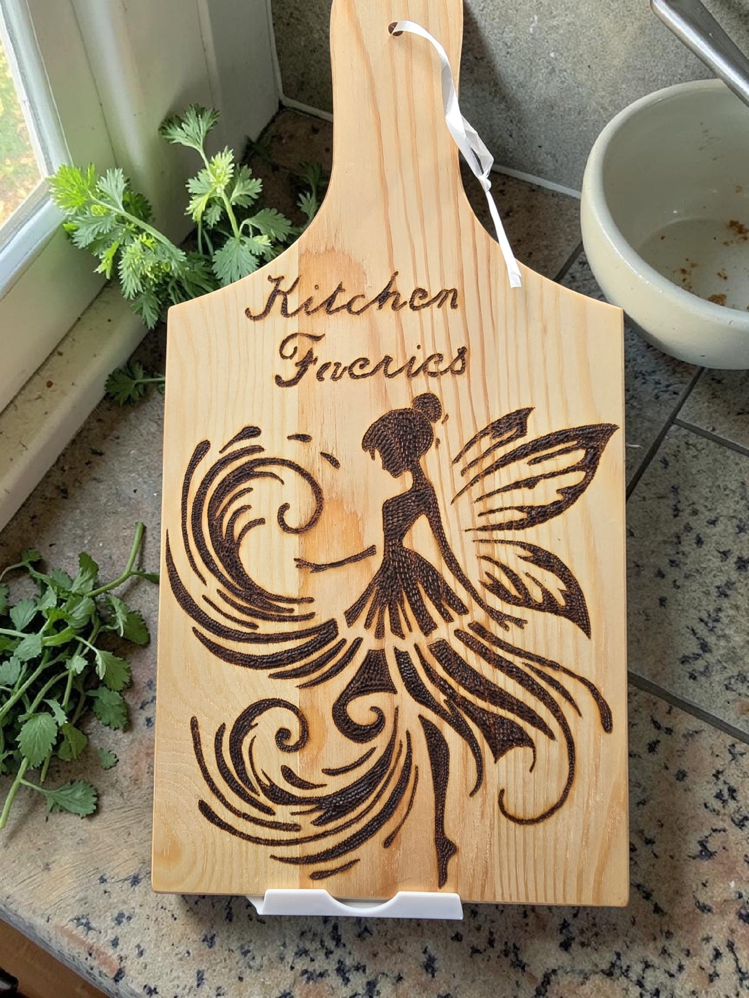 Kitchen Faeries Pyrography Wooden Board - Handmade Fairy Kitchen Decor - Rustic Cottagecore Gift