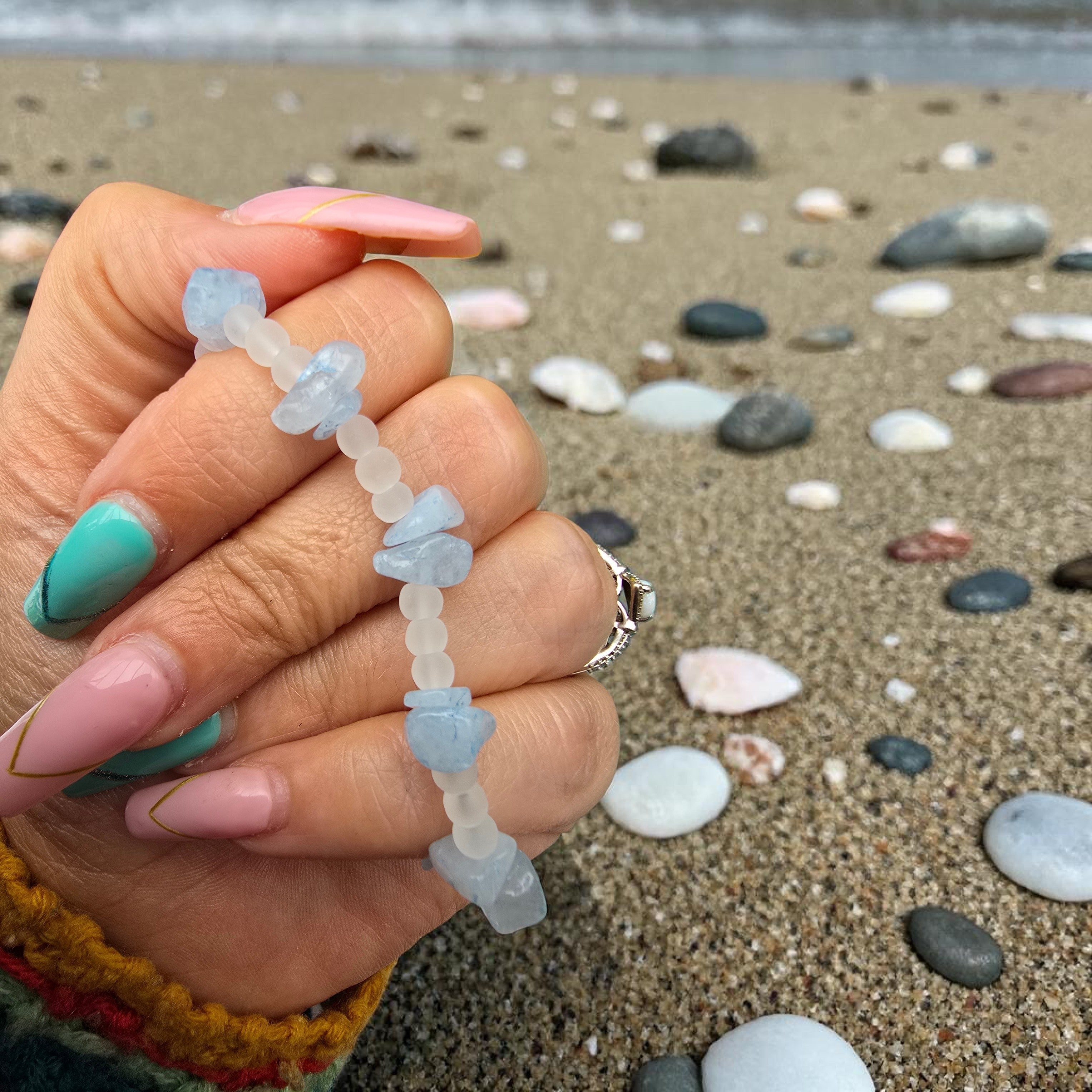 Coastal Drift Bracelet | Aquamarine & White Frosted Beads