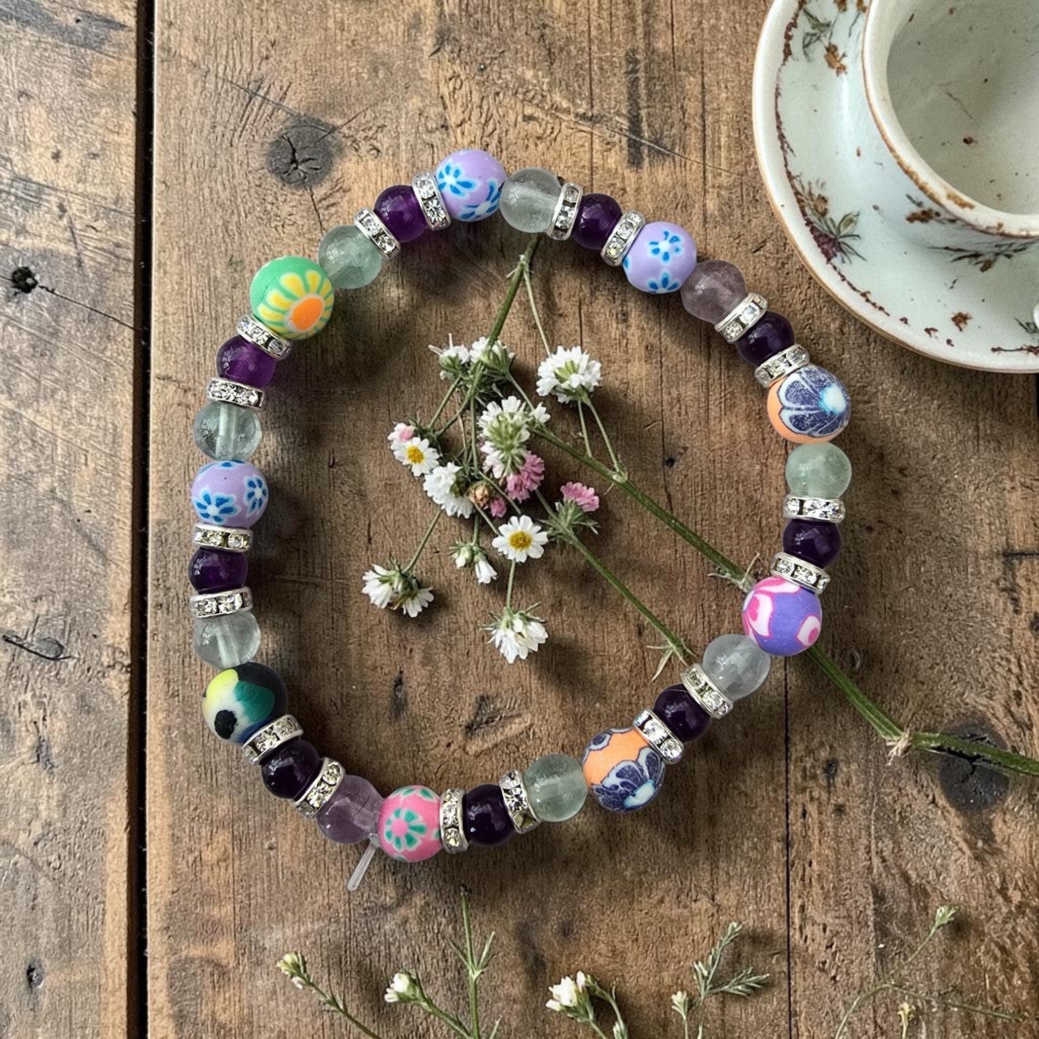 Calm & Joy Crystal Bracelet, Amethyst, Fluorite & Statement Beads