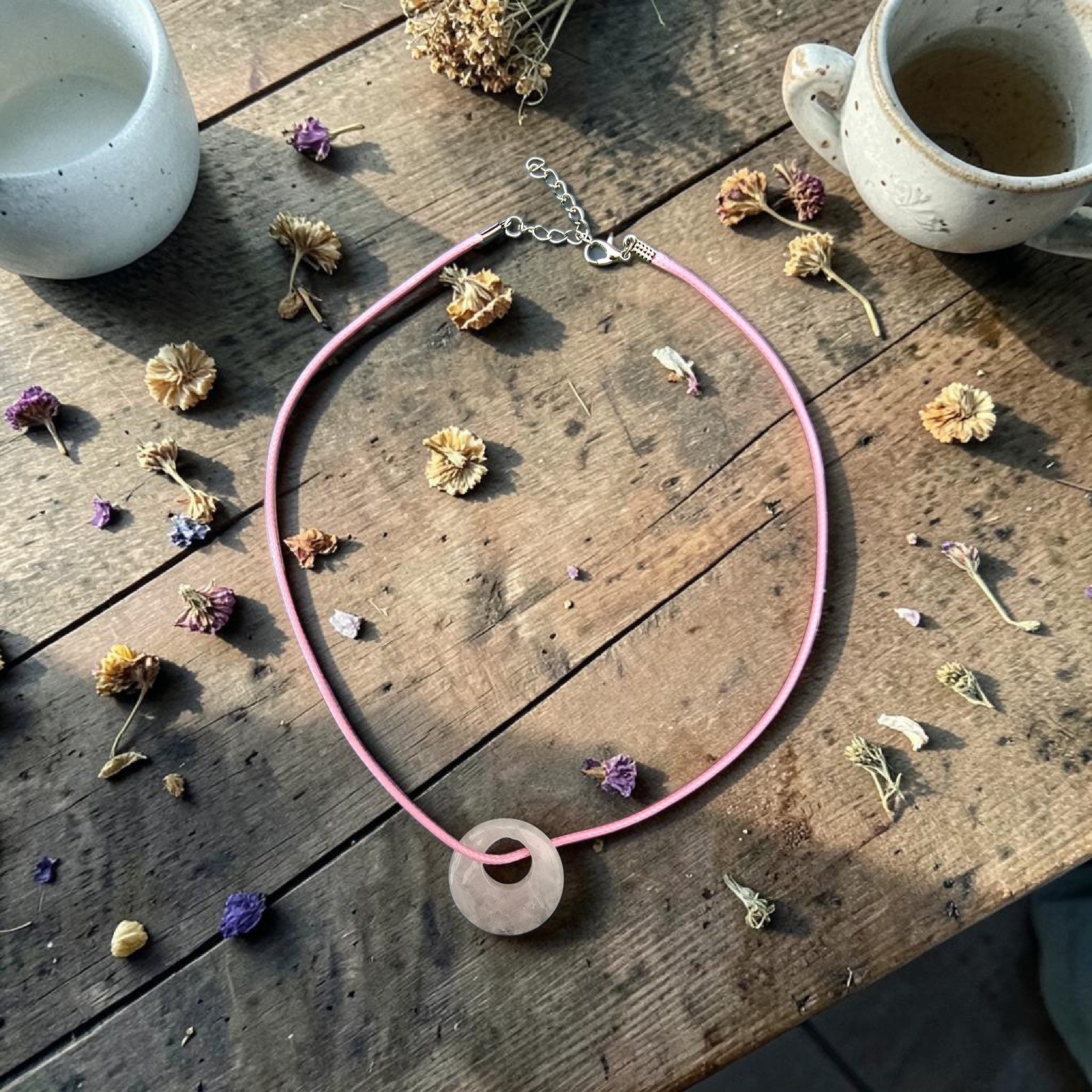 Rose Quartz Circle Necklace | Minimalist Crystal Pendant • Self Love Gift