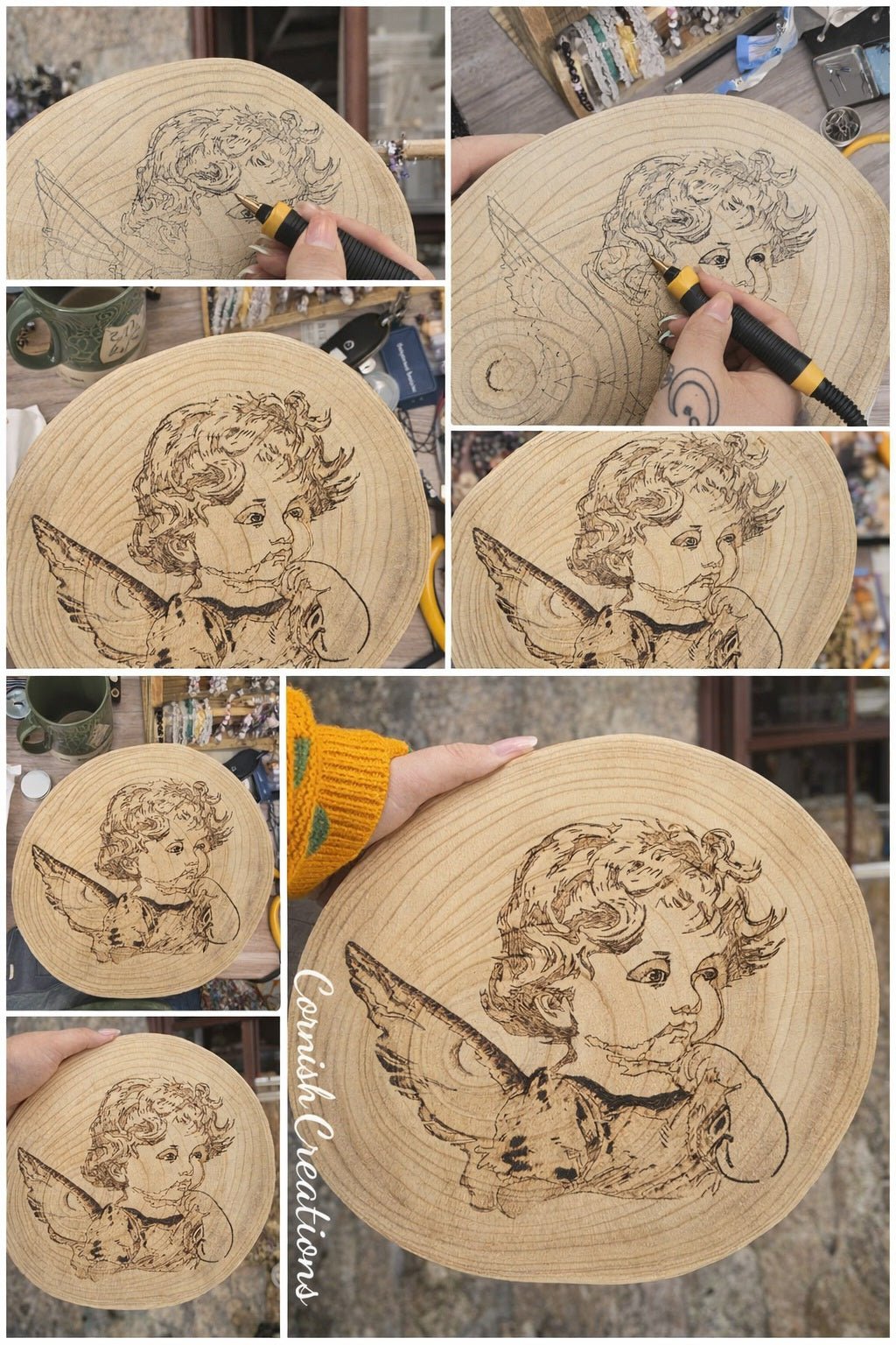 Hand - Burned Cherub Wood Slice Wall Art | Angel Pyrography | One of a Kind - Cornish Creations