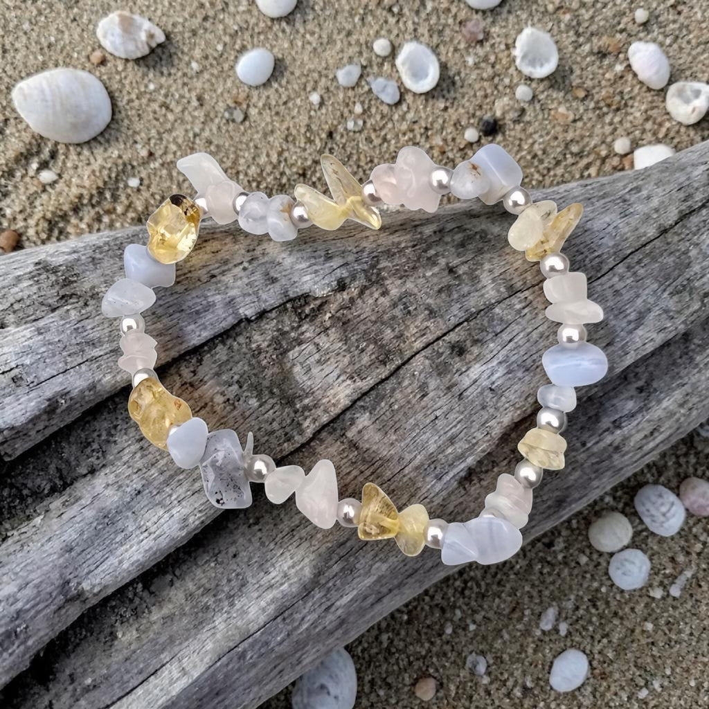 Blue Lace Agate, Rose Quartz & Citrine Bracelet - Handmade Crystal Healing Jewellery - Calm, Love & Positivity