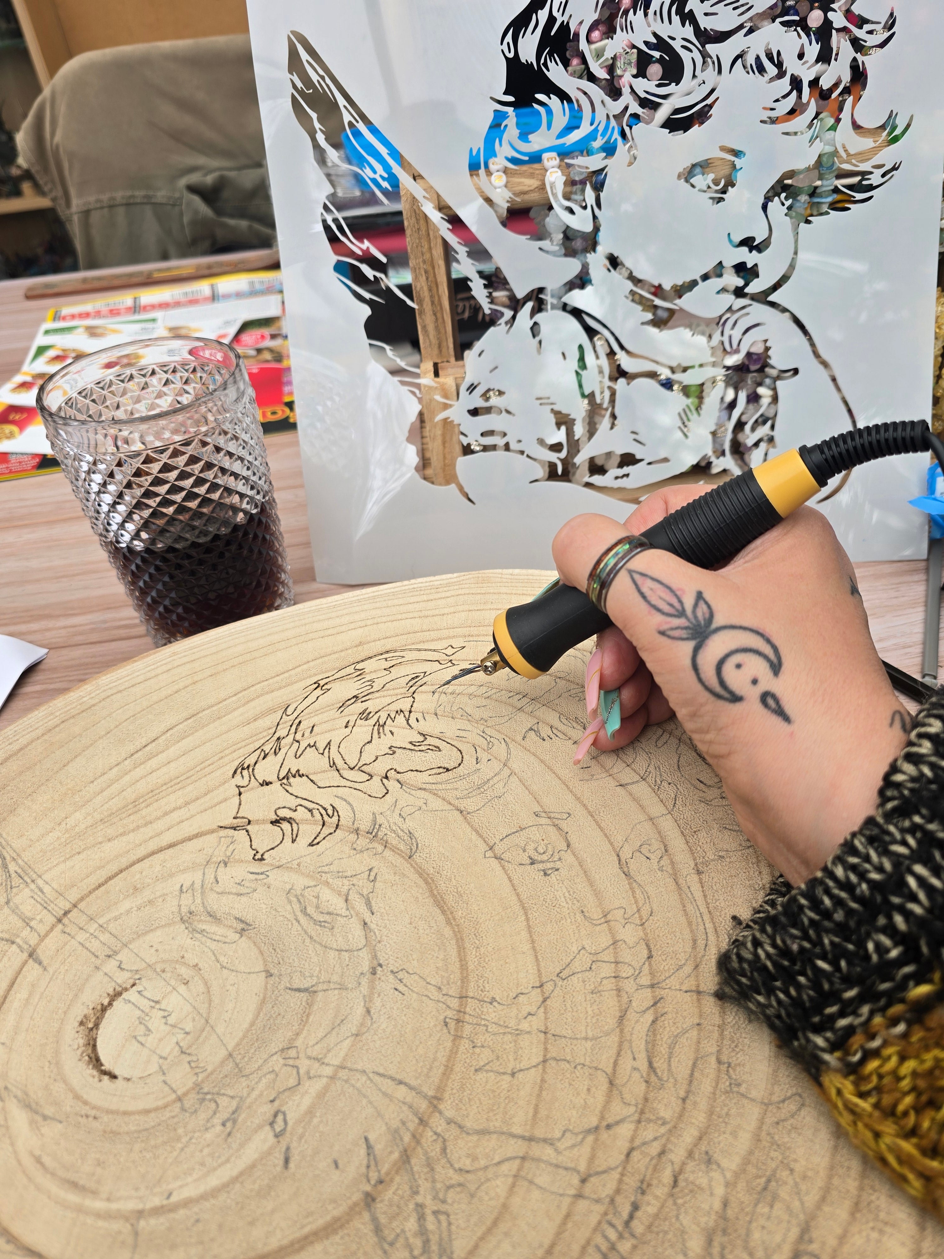 Hand - Burned Cherub Wood Slice Wall Art | Angel Pyrography | One of a Kind - Cornish Creations