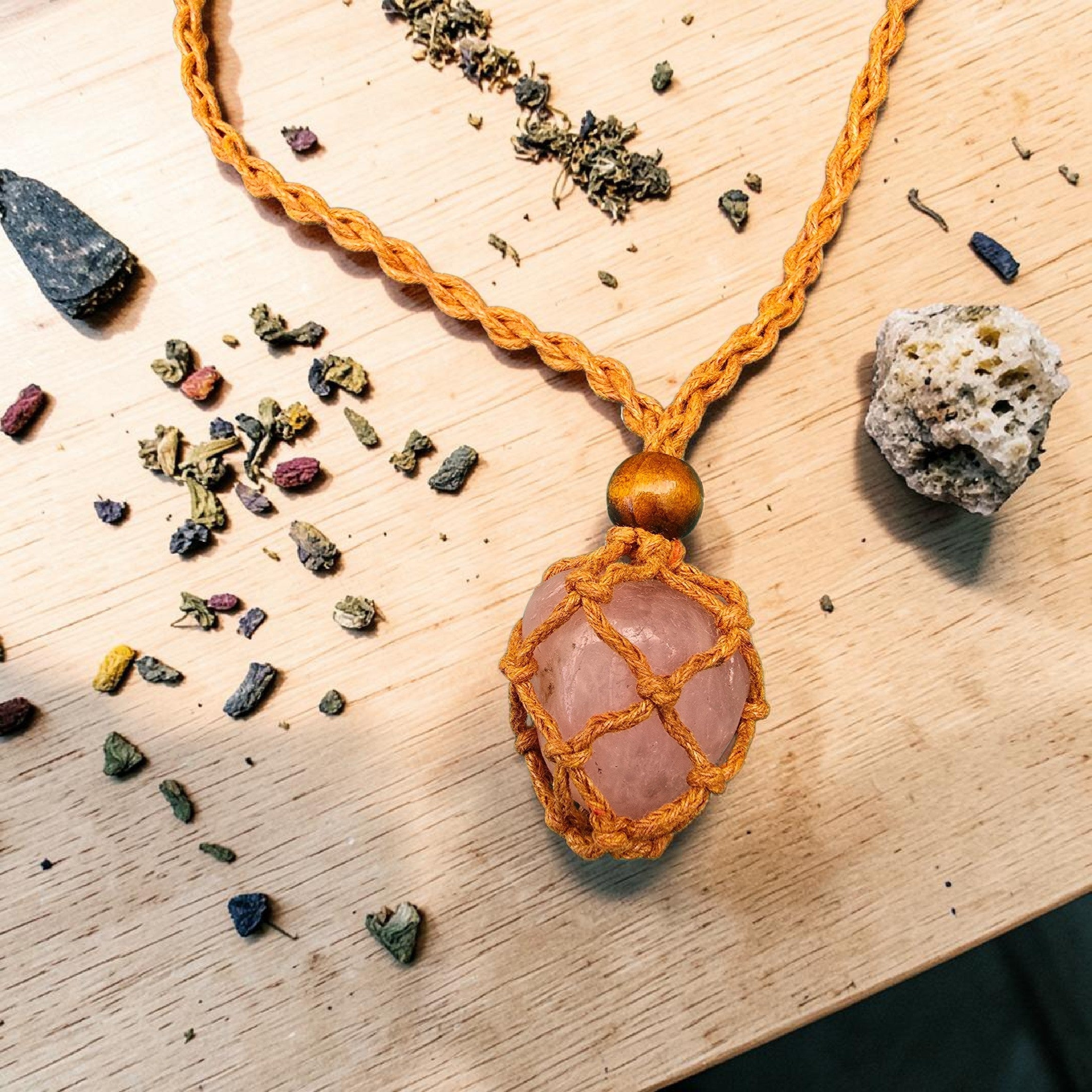 Rose Quartz Crystal in Macramé Pouch — Wearable or Hanging Charm