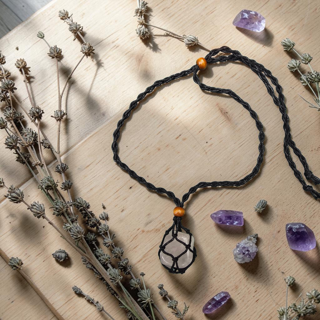 Rose Quartz Crystal in Macramé Pouch — Wearable or Hanging Charm