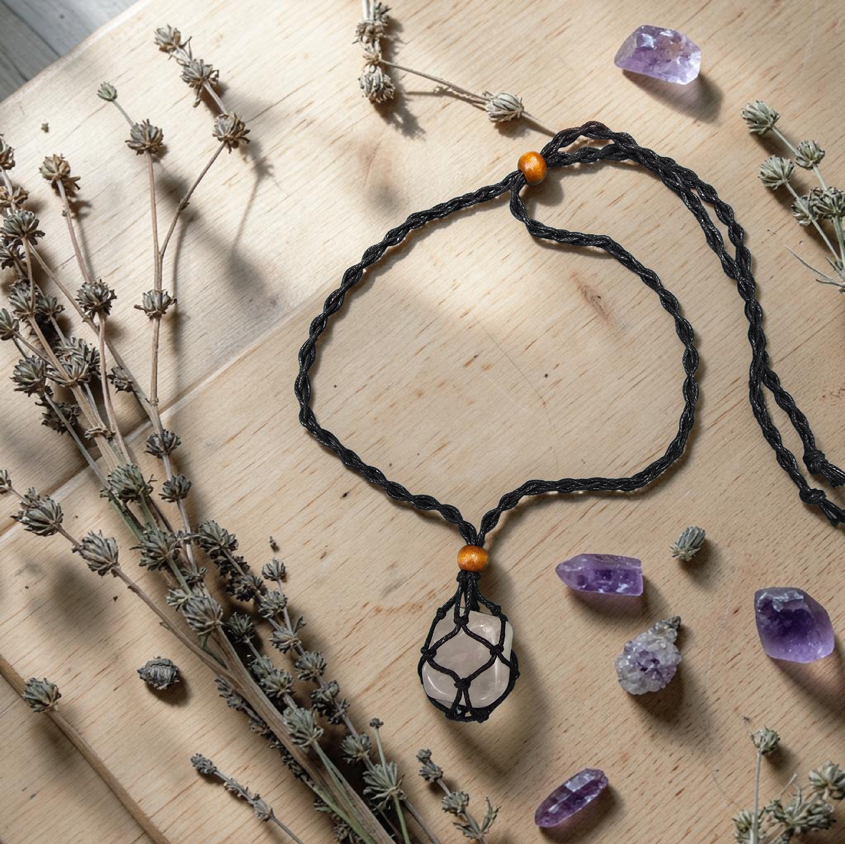 Rose Quartz Crystal in Macramé Pouch — Wearable or Hanging Charm