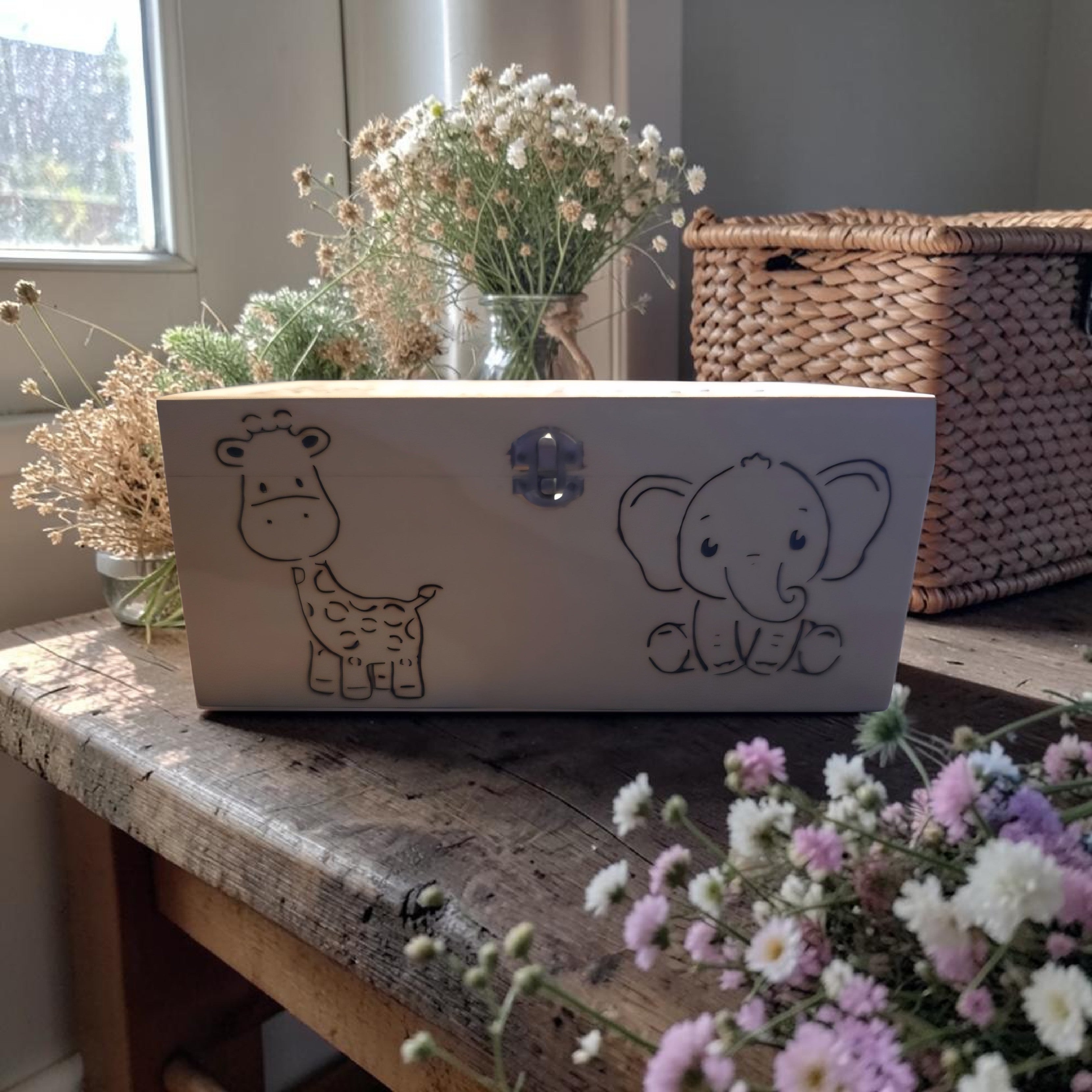 Personalised Baby Keepsake Box - New Baby Memory Box - Handmade Wooden Gift - Safari Animal Nursery Gift