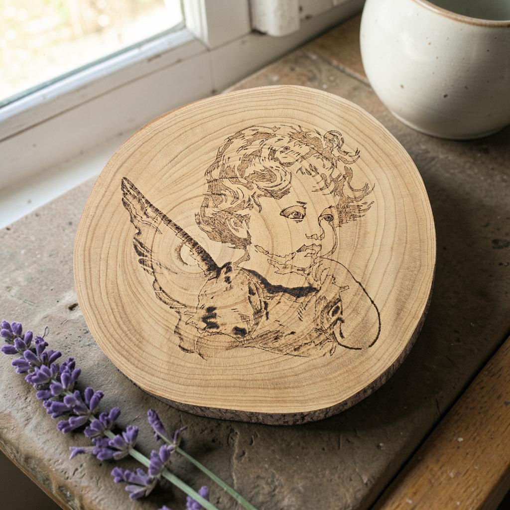Hand-Burned Cherub Wood Slice Wall Art | Angel Pyrography | One of a Kind