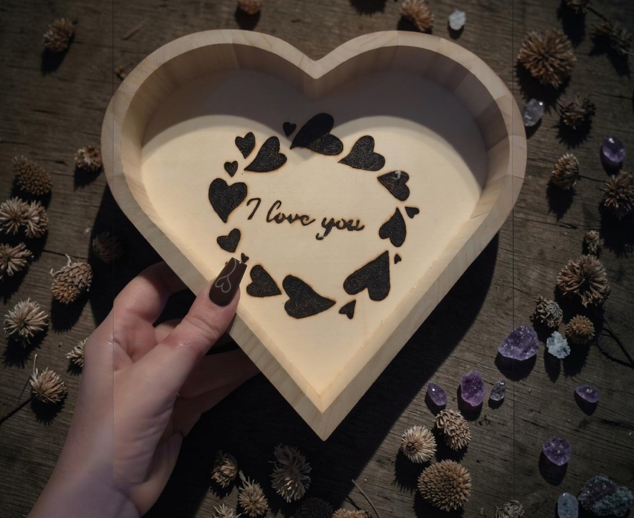 Handmade Wooden Heart Trinket Dish - "I Love You" Pyrography Gift - Romantic Keepsake