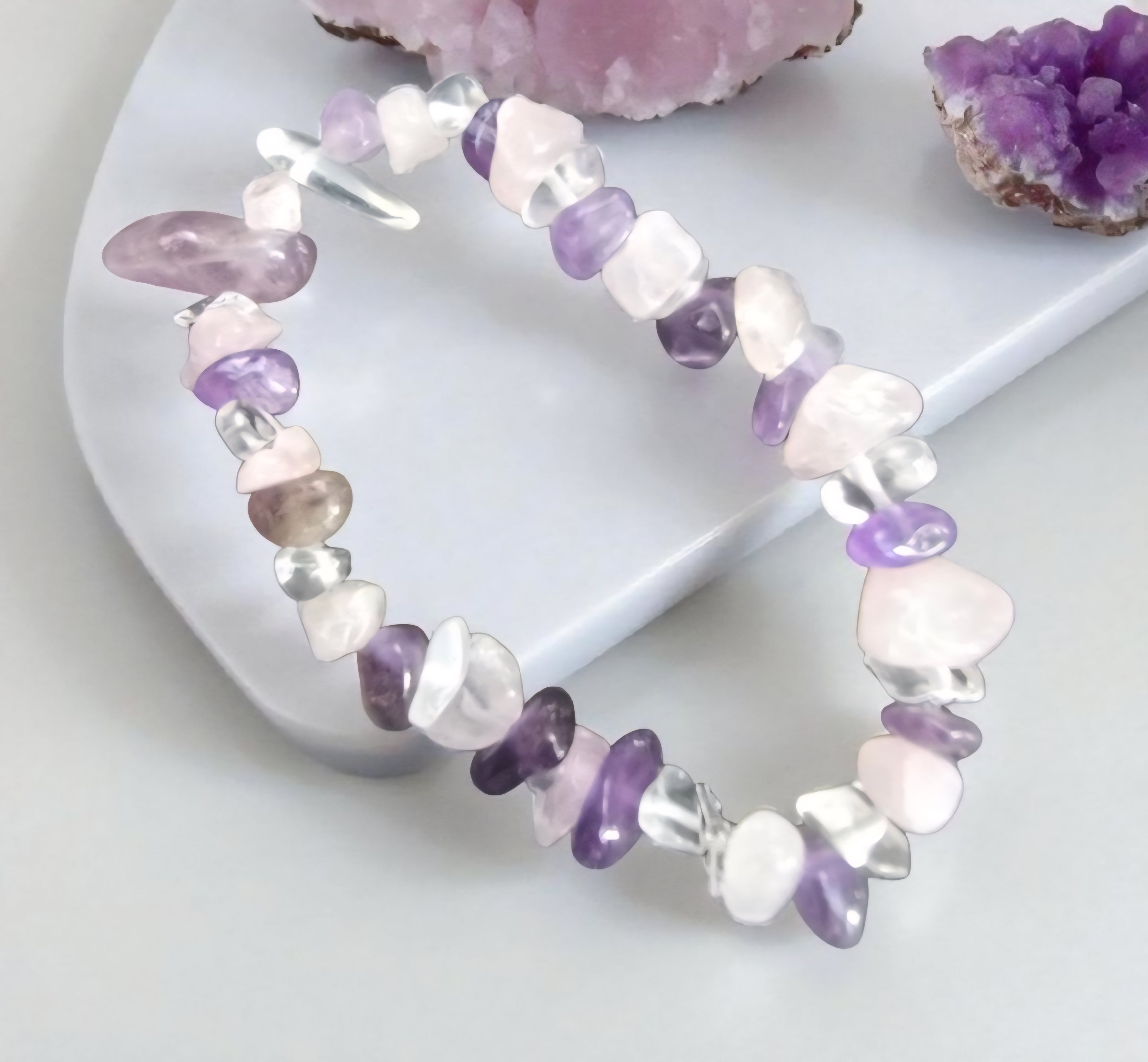 Trinity of Love Crystal Bracelet - Rose Quartz, Amethyst & Clear Quartz - Self Love & Healing Jewellery - Cornish Creations