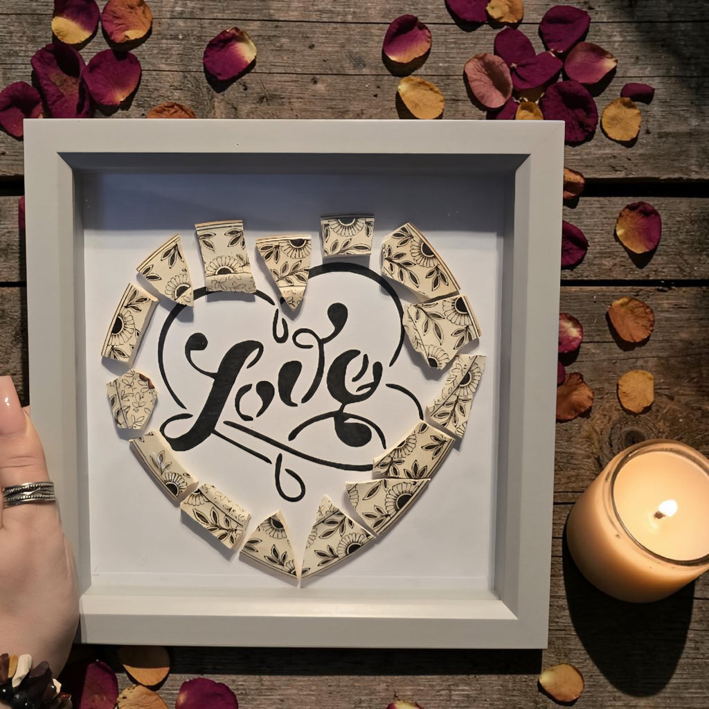Love Framed Art - Handmade Broken China Mosaic Frame - Romantic Gift - Unique Keepsake Wall Art