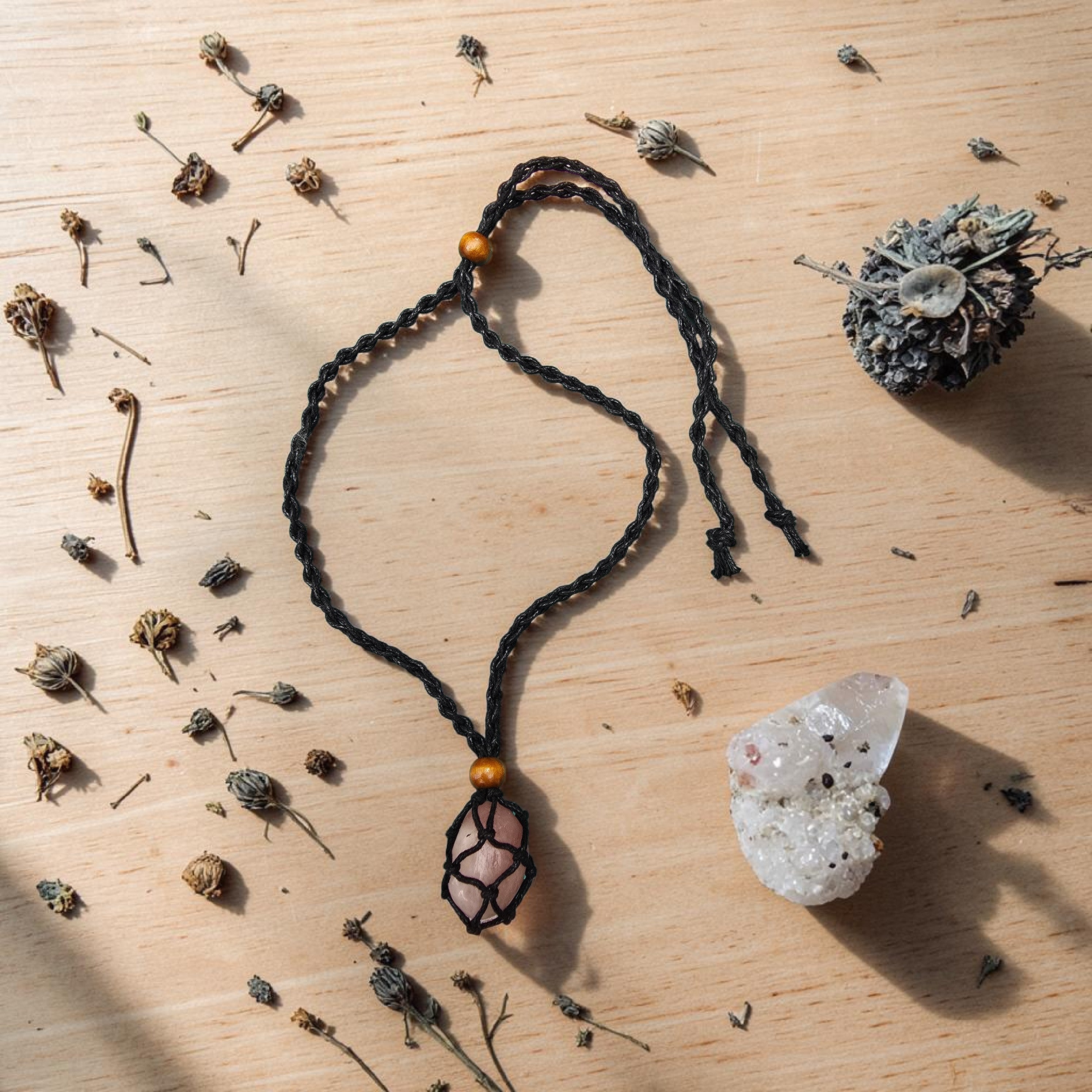 Rose Quartz Crystal in Macramé Pouch — Wearable or Hanging Charm