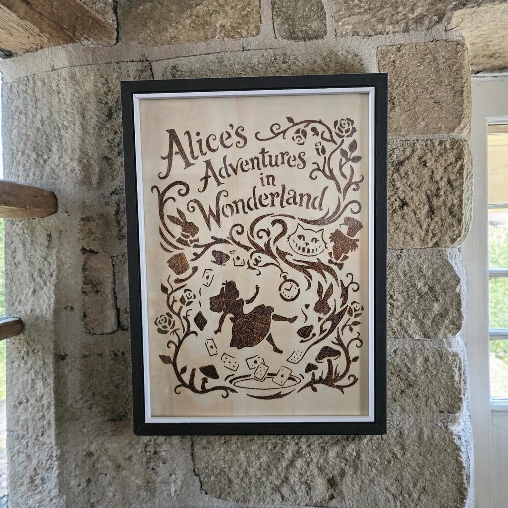 Alice in Wonderland Pyrography Wall Art | Hand-Burned Wooden Plaque | Framed Storybook Decor