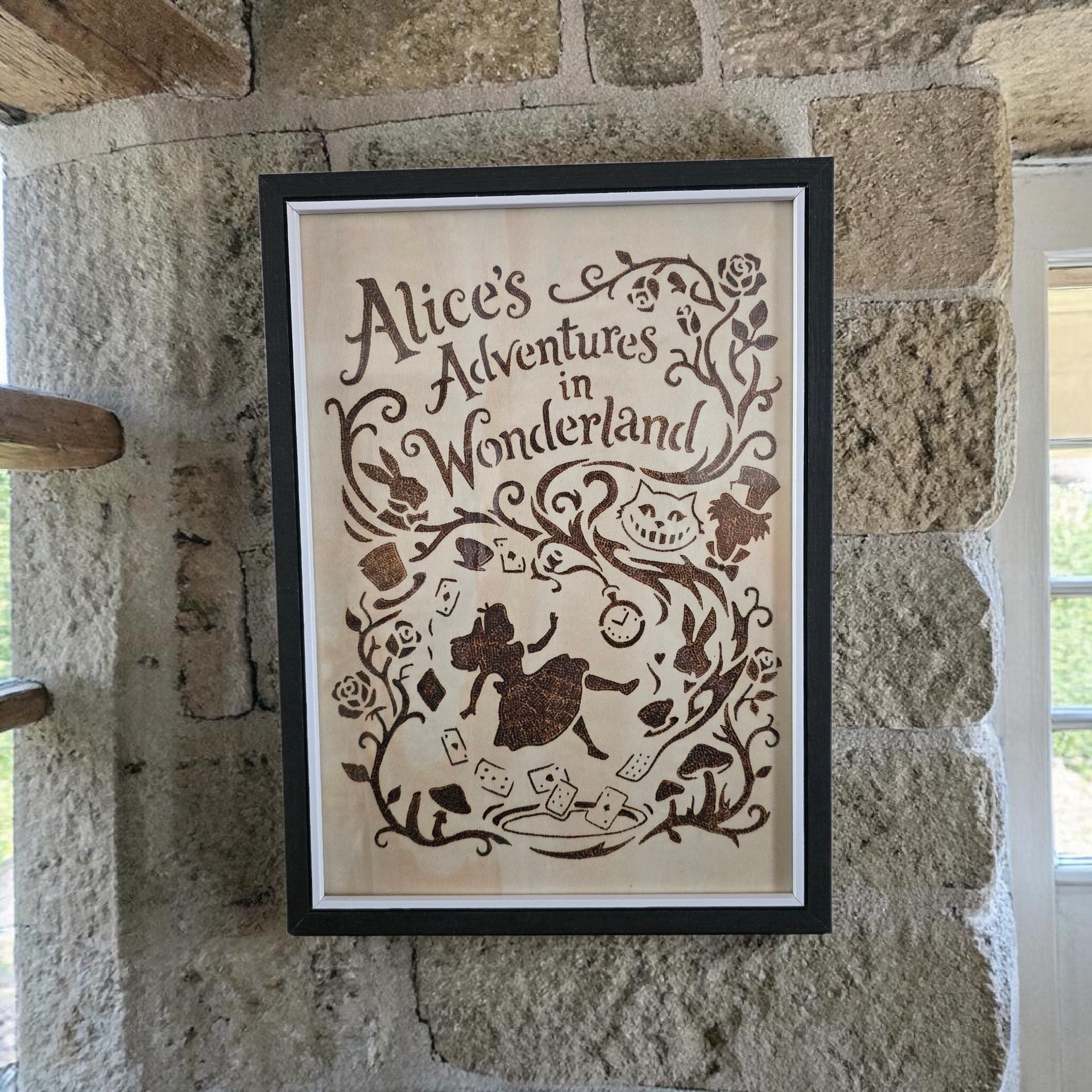 Alice in Wonderland Pyrography Wall Art | Hand-Burned Wooden Plaque | Framed Storybook Decor