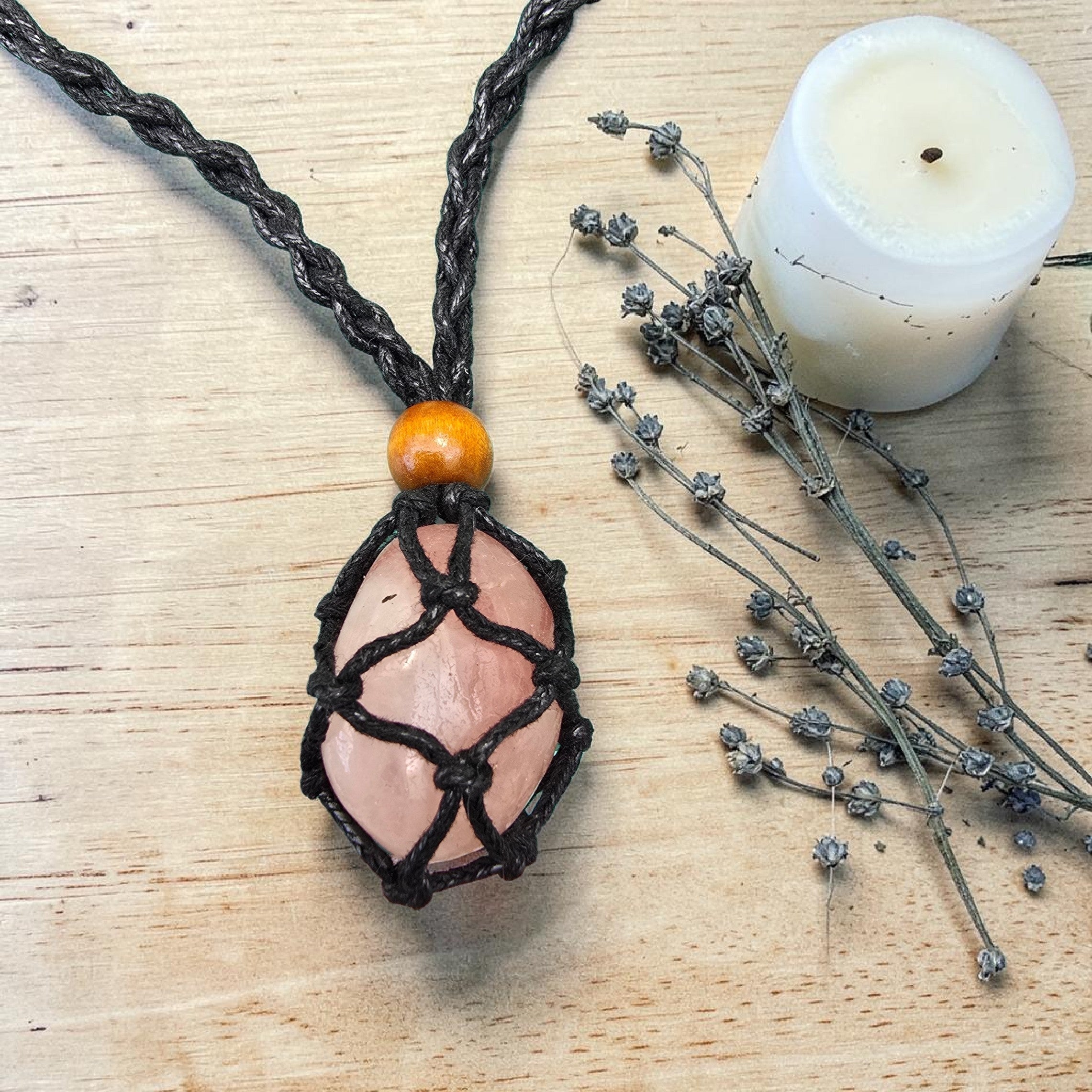 Rose Quartz Crystal in Macramé Pouch — Wearable or Hanging Charm