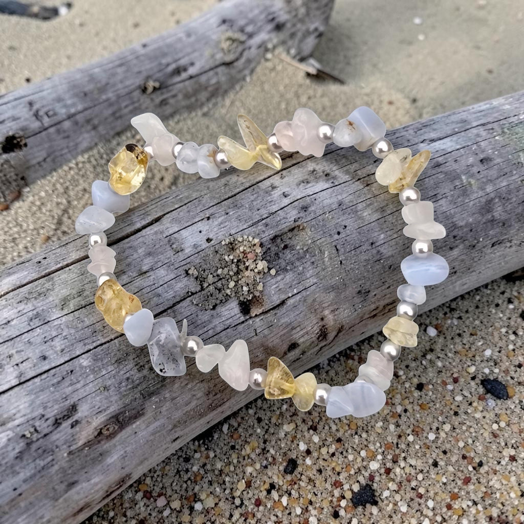 Blue Lace Agate, Rose Quartz & Citrine Bracelet - Handmade Crystal Healing Jewellery - Calm, Love & Positivity