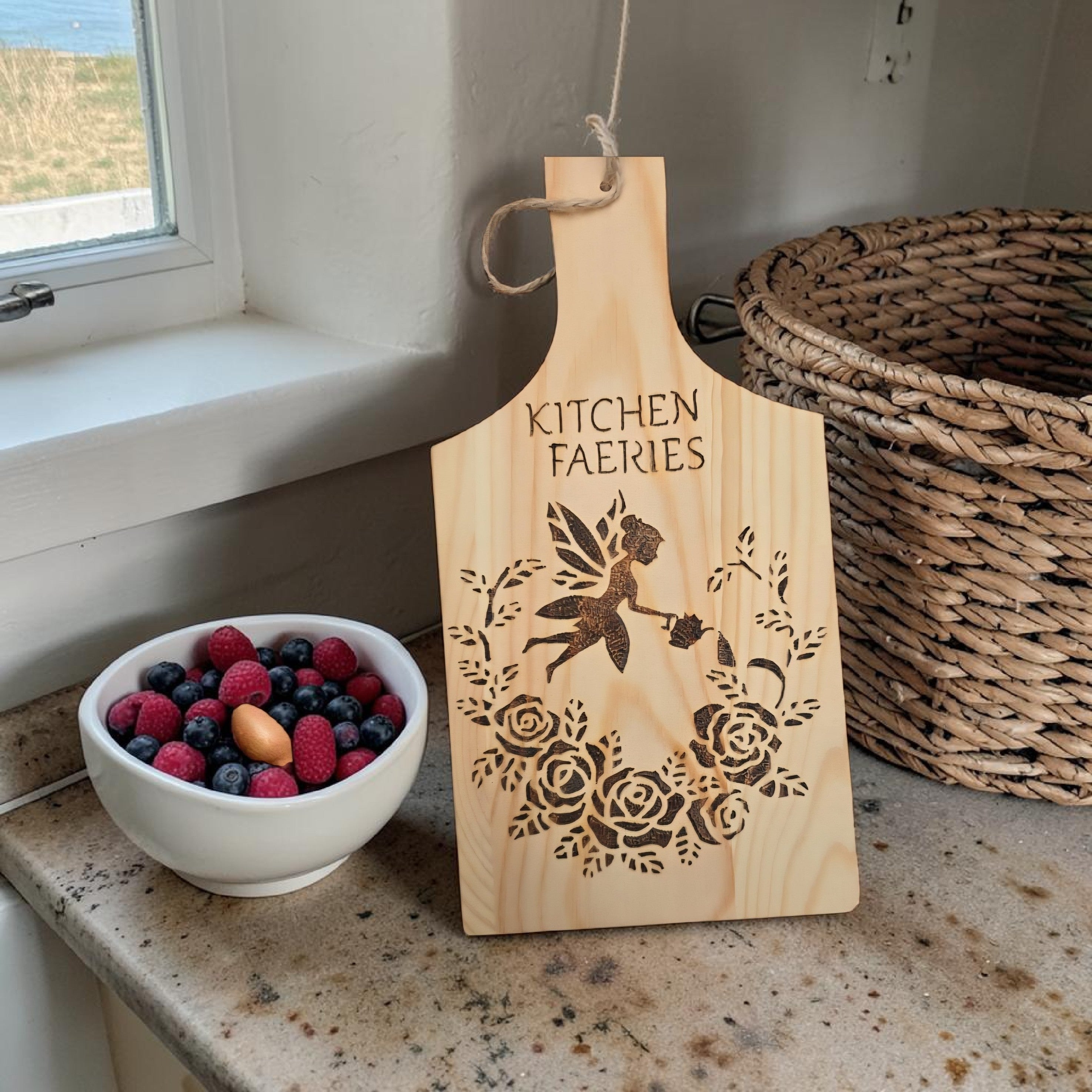 Kitchen Faeries Pyrography Wooden Board - Handmade Fairy Kitchen Decor - Rustic Cottagecore Gift