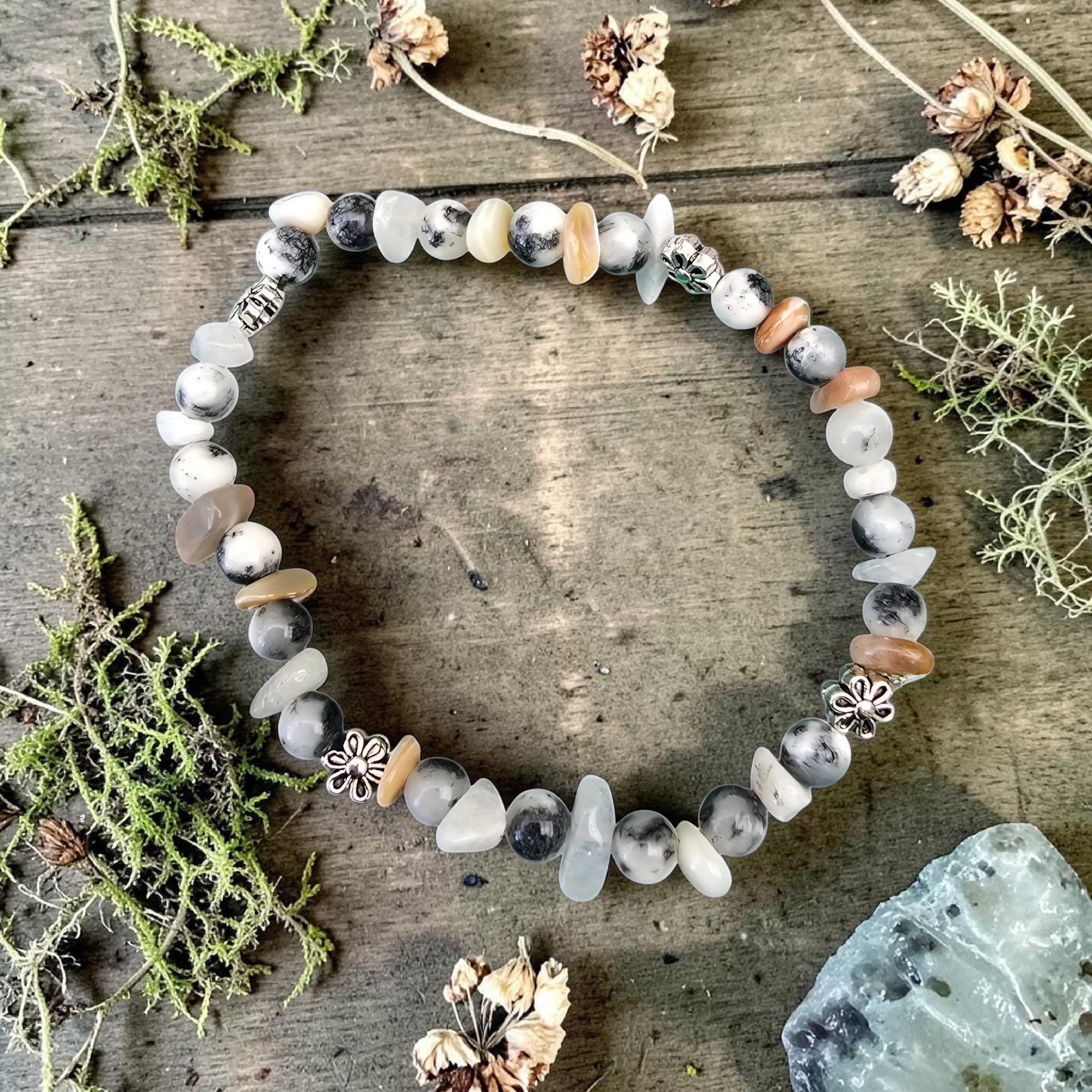 Merlinite & Moonstone Bracelet - Dendritic Opal Crystal Bracelet - Intuition & Spiritual Growth Jewellery