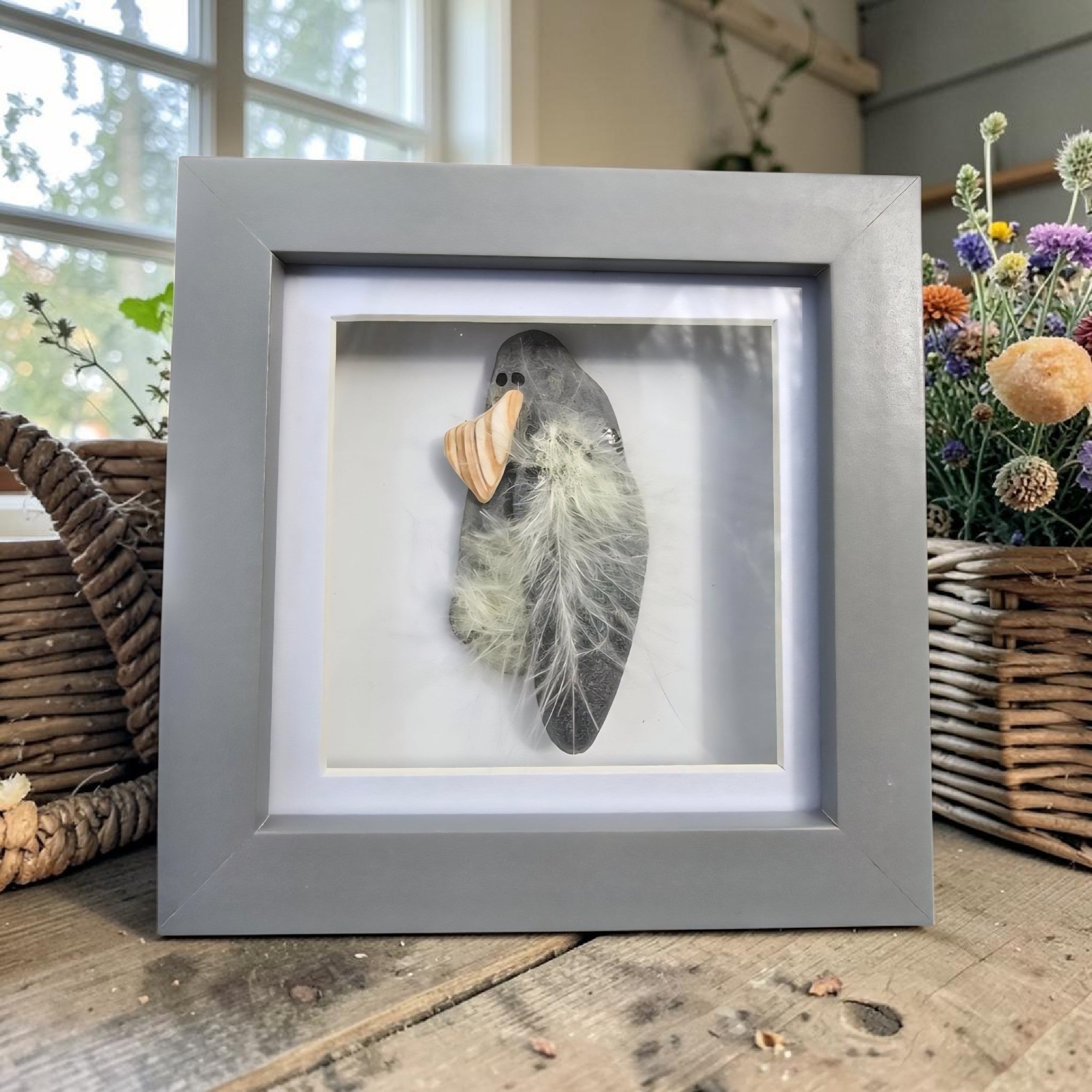 Coastal Bird Pebble Art Frame - Handmade Pebble & Shell Wall Art - Nature Inspired Coastal Gift
