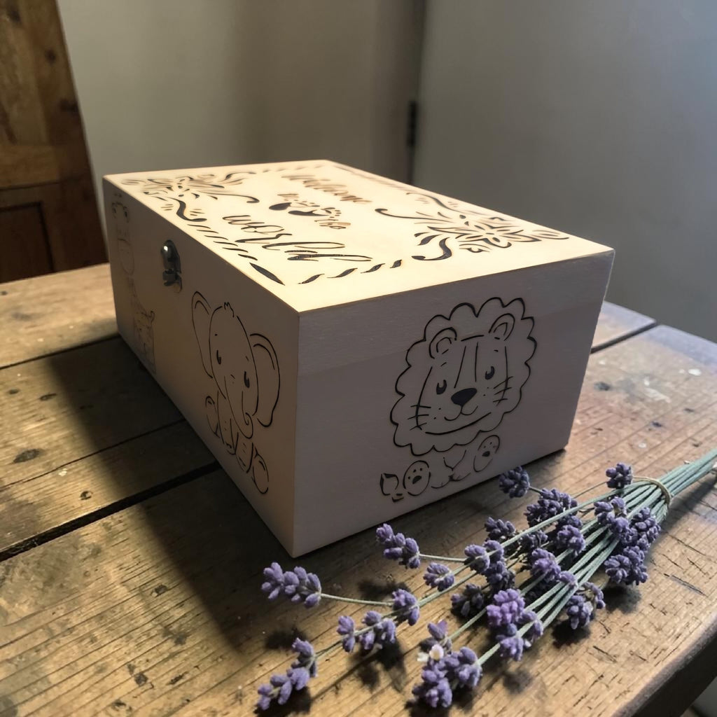 Personalised Baby Keepsake Box - New Baby Memory Box - Handmade Wooden Gift - Safari Animal Nursery Gift