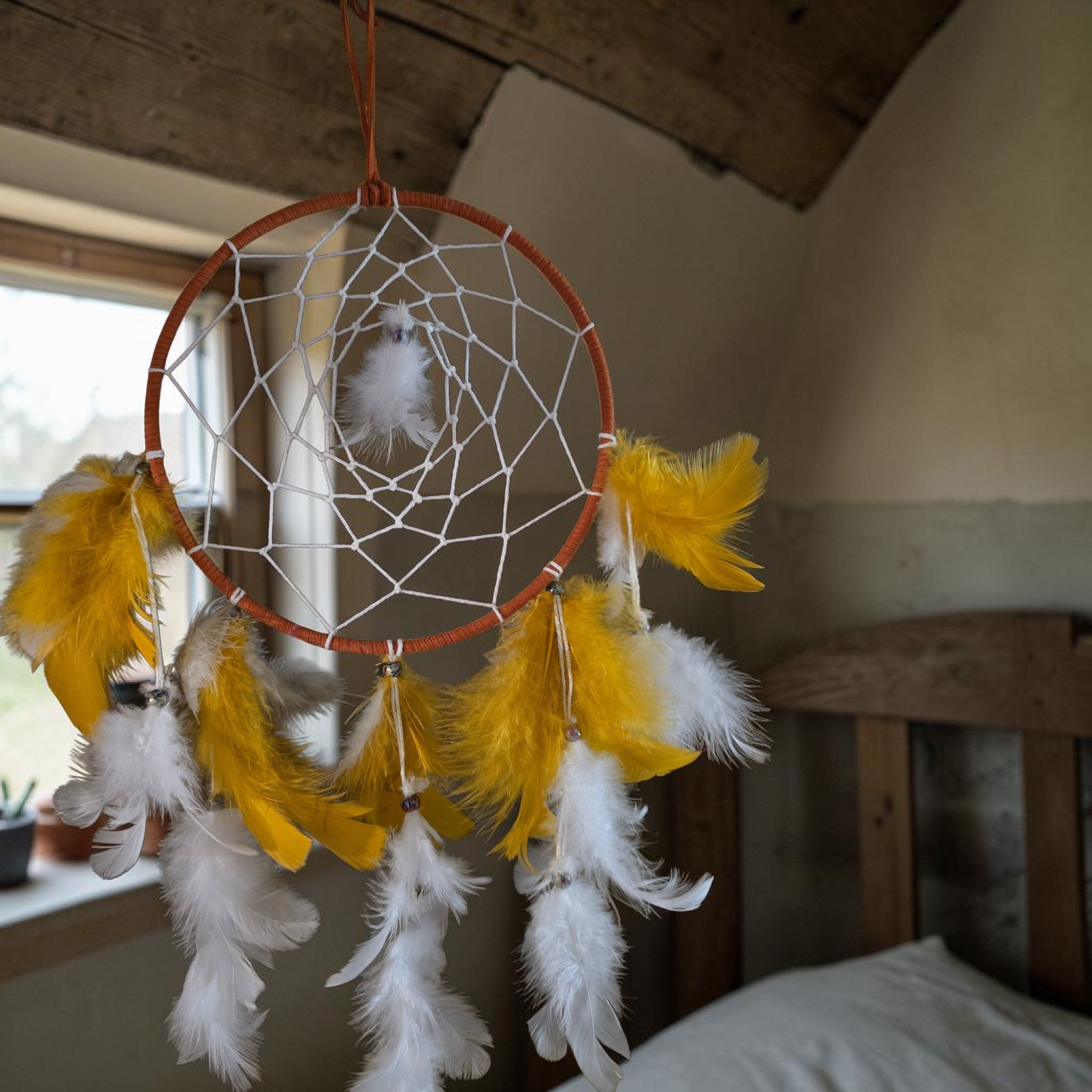 Orange & White Feather Dream Catcher - Boho Wall Hanging