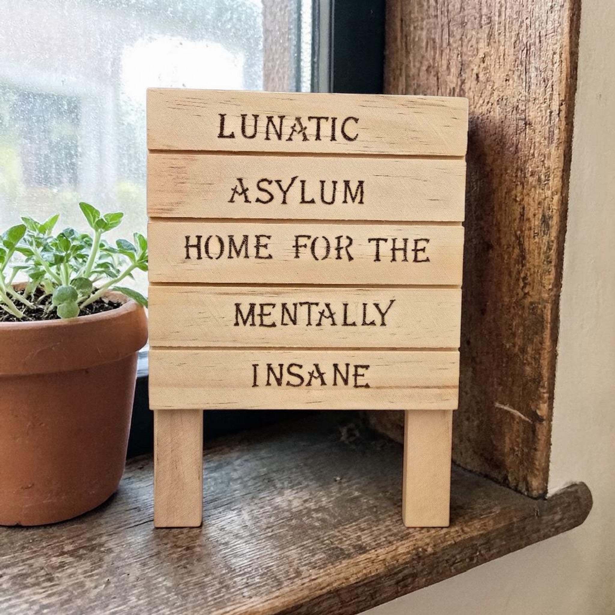 Funny Wooden Sign “Lunatic Asylum” - Humour Home Decor - Rustic Wood Sign - Quirky Gift Idea - Handmade Pyrography