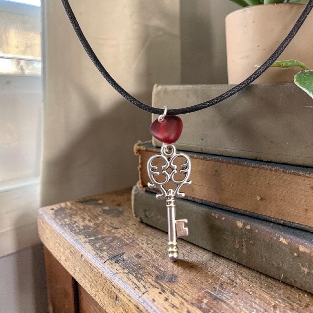 Sea Glass Key Necklace- Red Sea Glass Charm, Coastal Jewellery