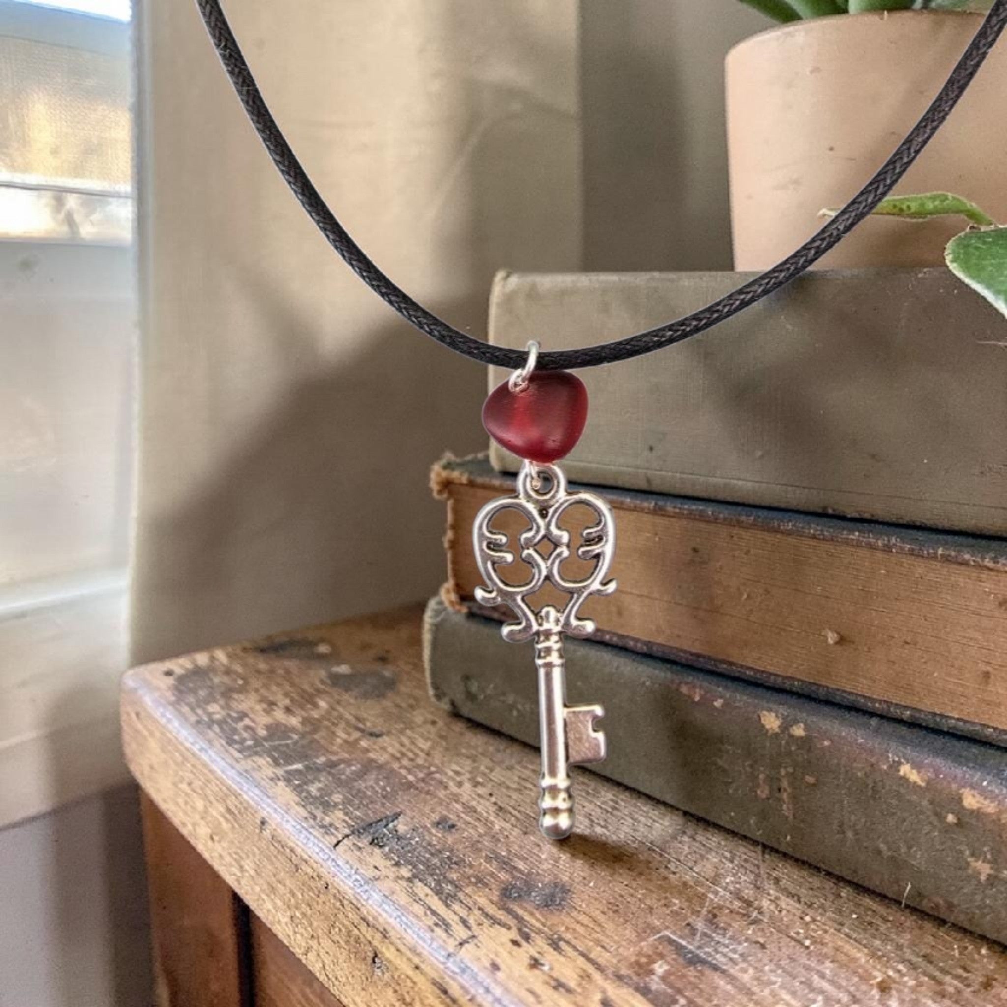 Sea Glass Key Necklace- Red Sea Glass Charm, Coastal Jewellery