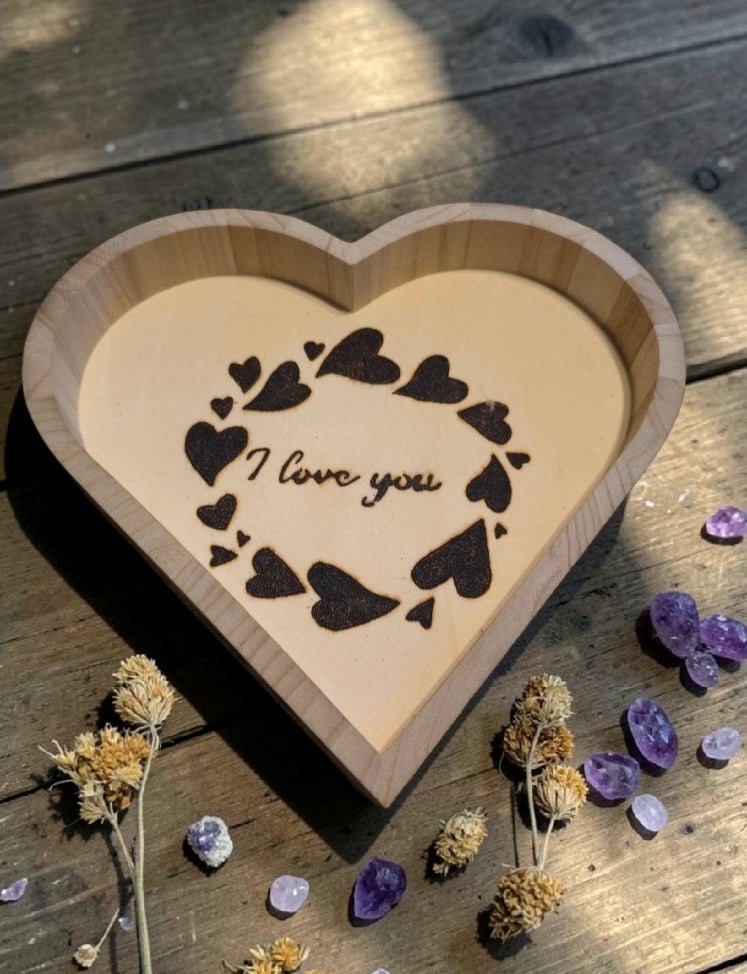 Handmade Wooden Heart Trinket Dish - "I Love You" Pyrography Gift - Romantic Keepsake