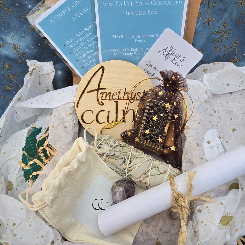 Amethyst Affirmation Box | Smoky Quartz, Green Aventurine, Black Tourmaline & Rose Quartz