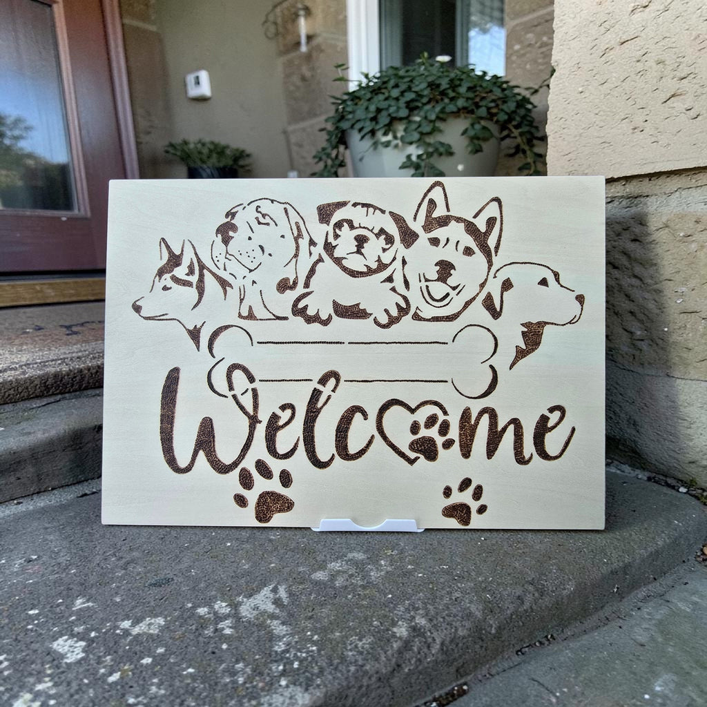 Dog Welcome Plaque – Handmade Pyrography Wooden Sign