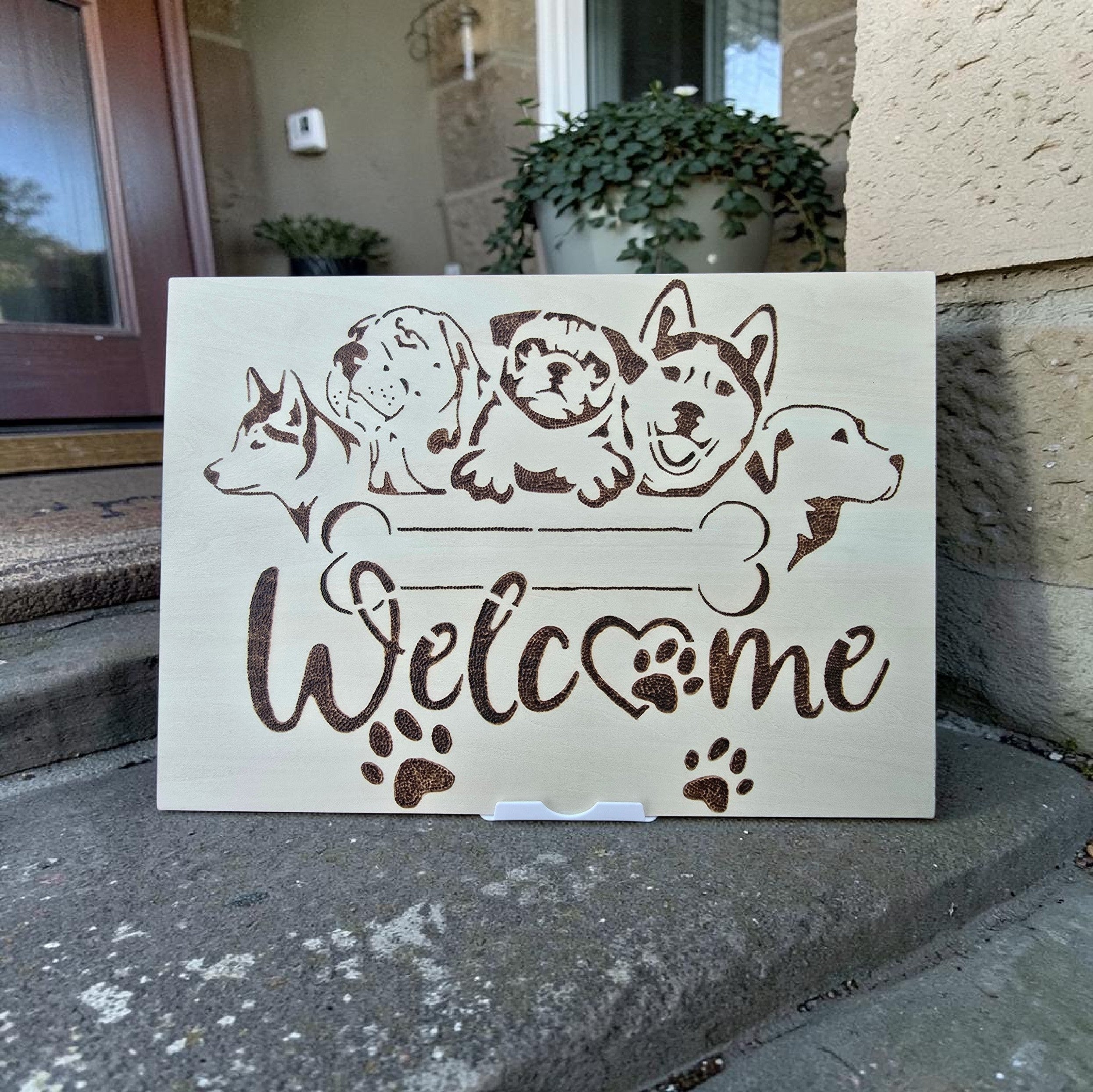 Dog Welcome Plaque – Handmade Pyrography Wooden Sign