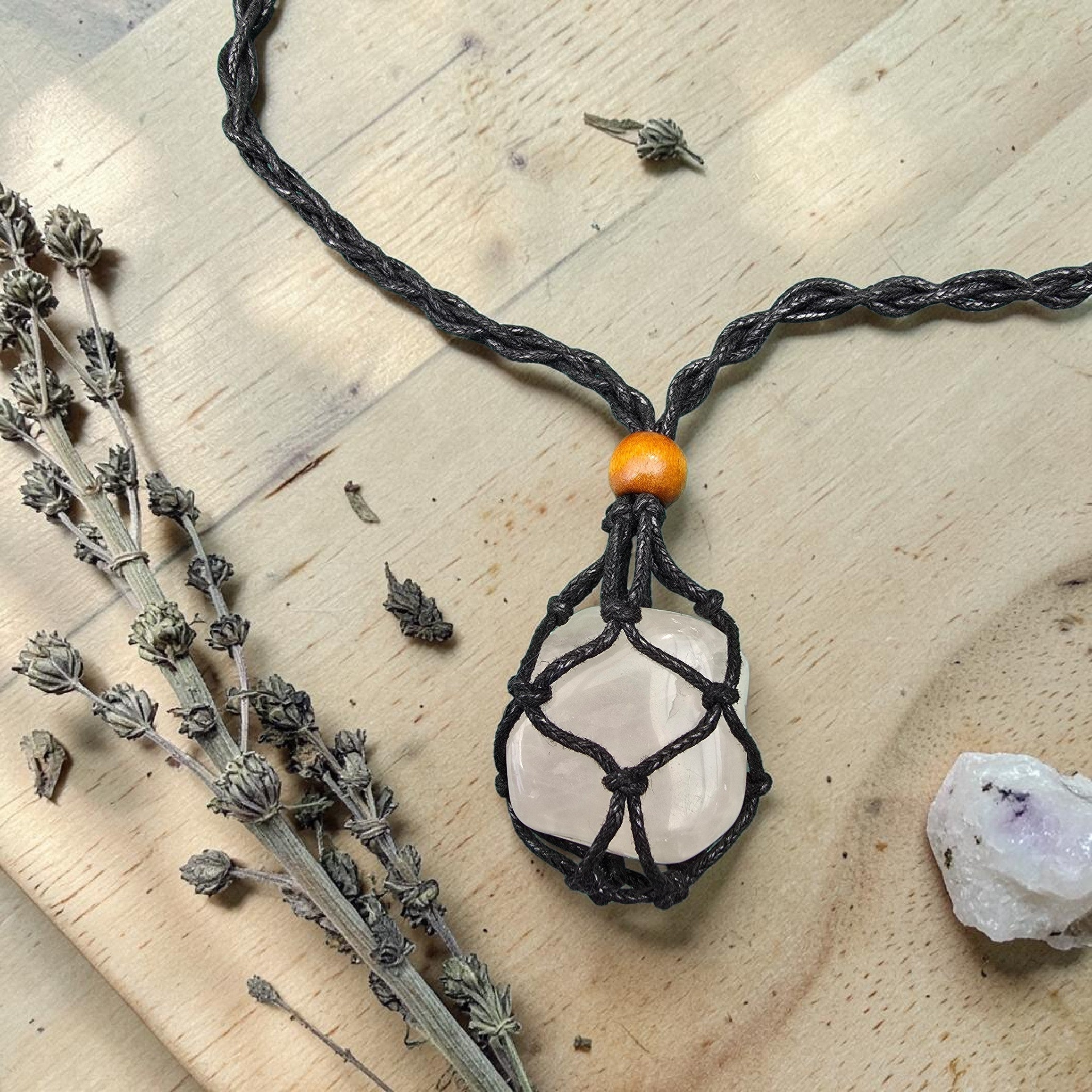 Rose Quartz Crystal in Macramé Pouch — Wearable or Hanging Charm