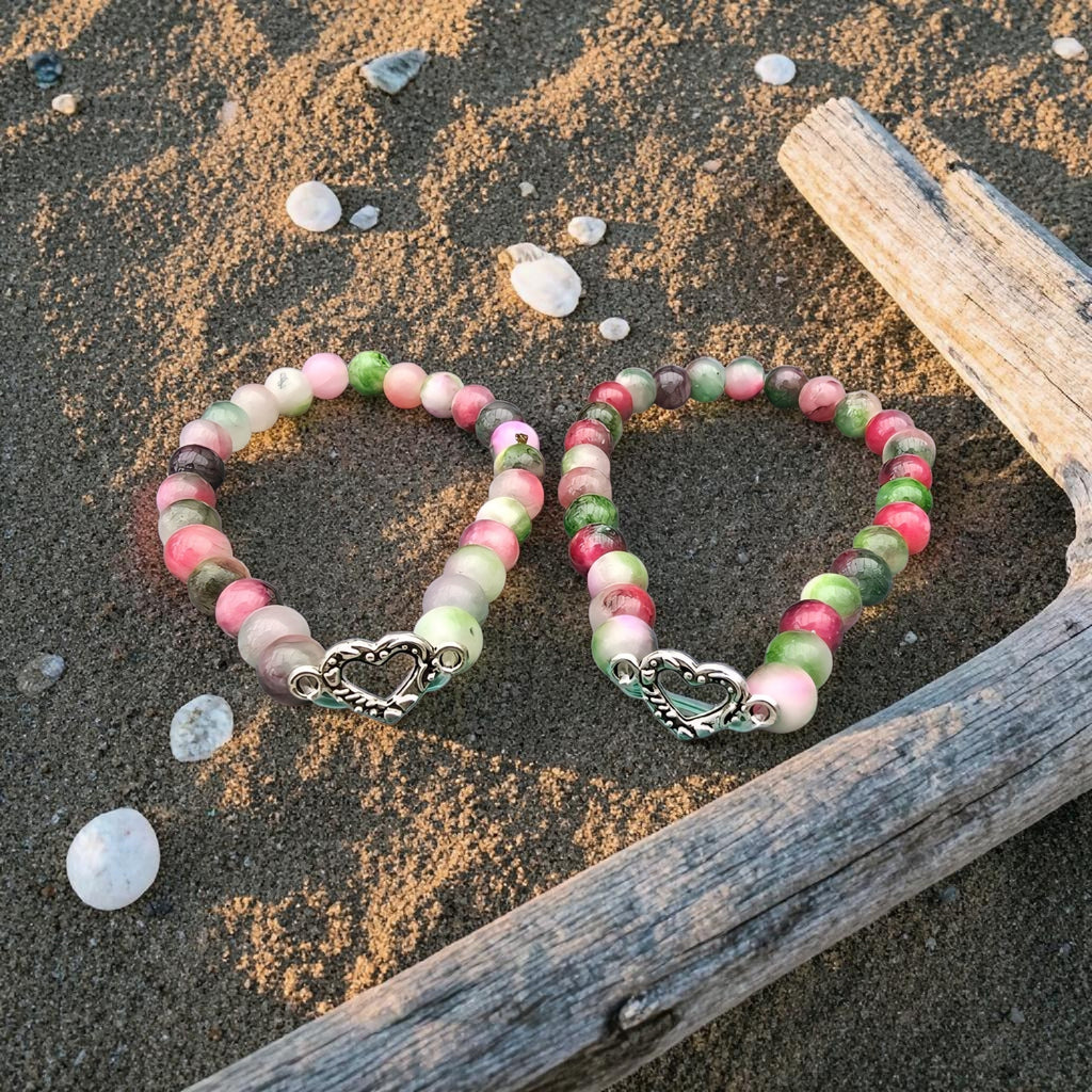 Pink & Green Jade Heart Bracelet - Love & Balance Crystal Jewellery - Friendship Bracelet Gift - Handmade Gemstone Bracelet