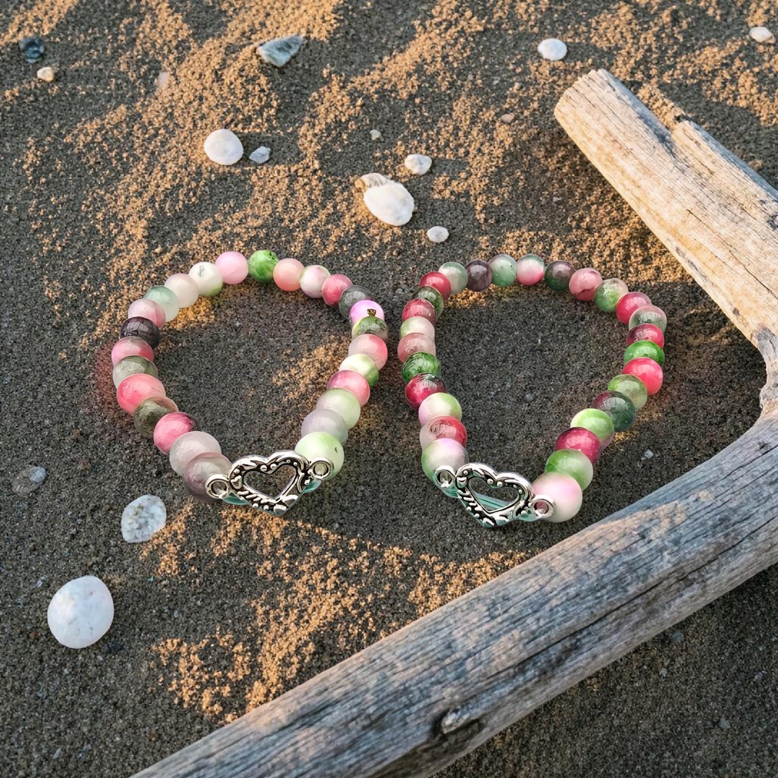 Pink & Green Jade Heart Bracelet - Love & Balance Crystal Jewellery - Friendship Bracelet Gift - Handmade Gemstone Bracelet