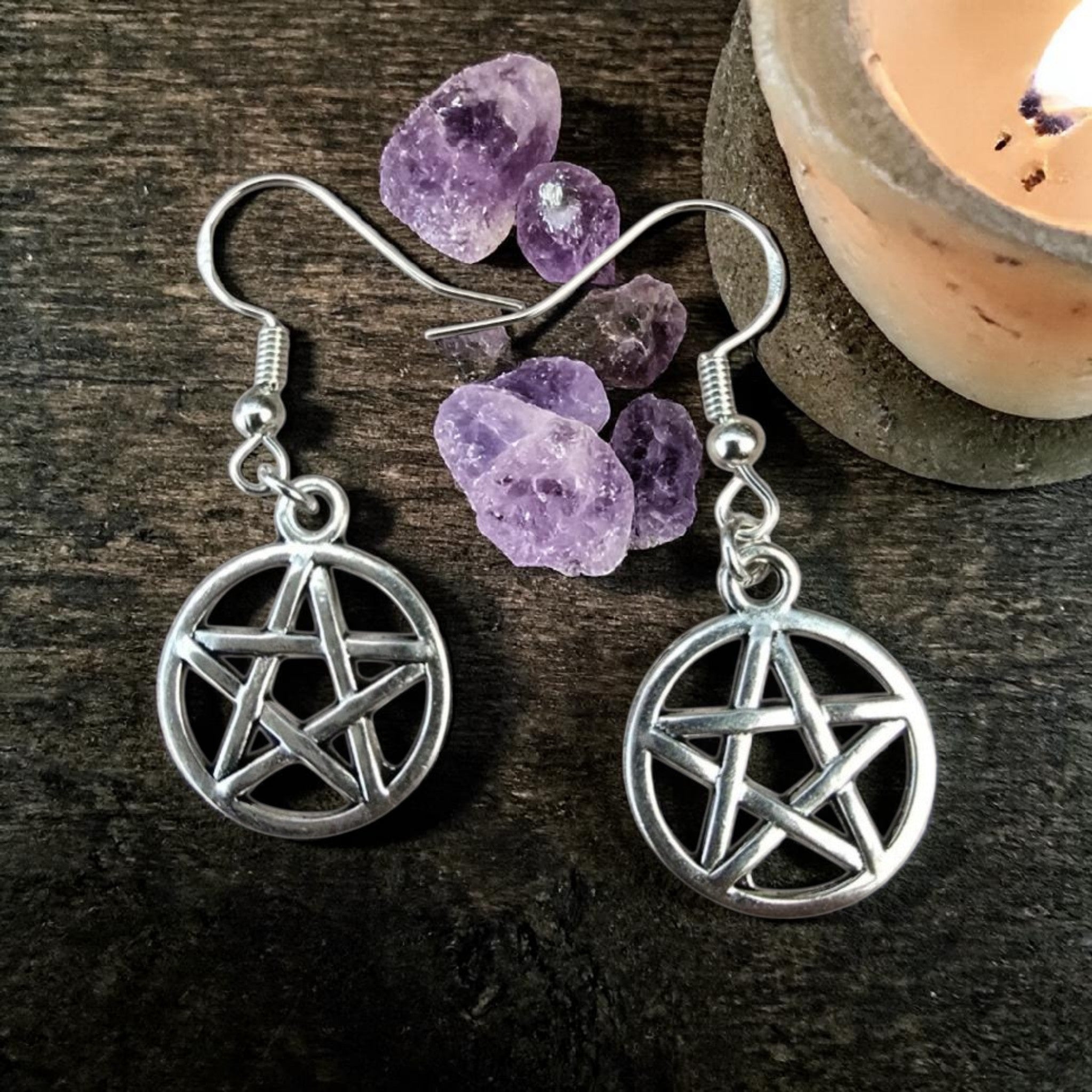 Pentagram Earrings - Wiccan Jewellery - Witchy Earrings - Pagan Jewellery - Sterling Silver Hooks - Spiritual Gift - Gothic Earrings