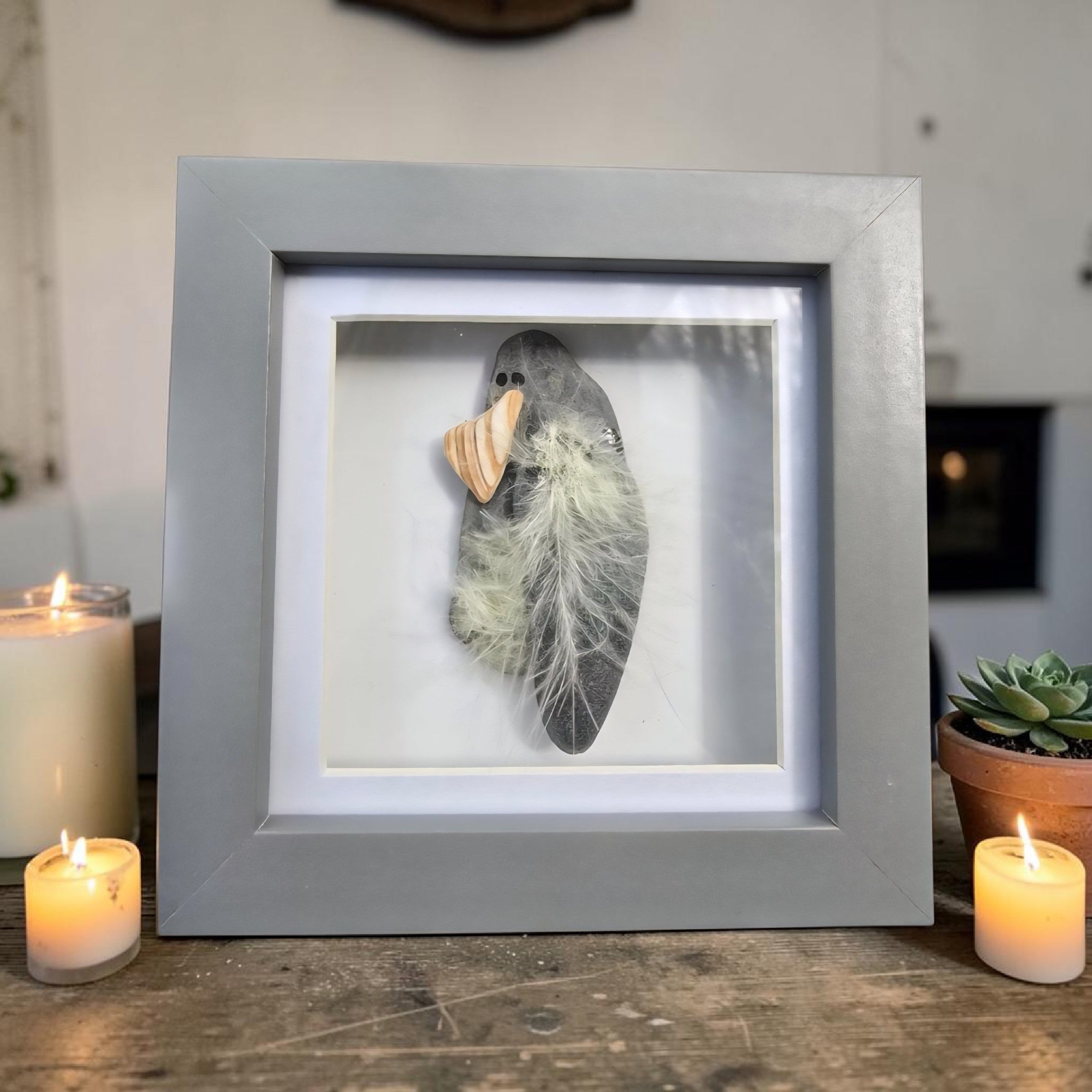 Coastal Bird Pebble Art Frame - Handmade Pebble & Shell Wall Art - Nature Inspired Coastal Gift