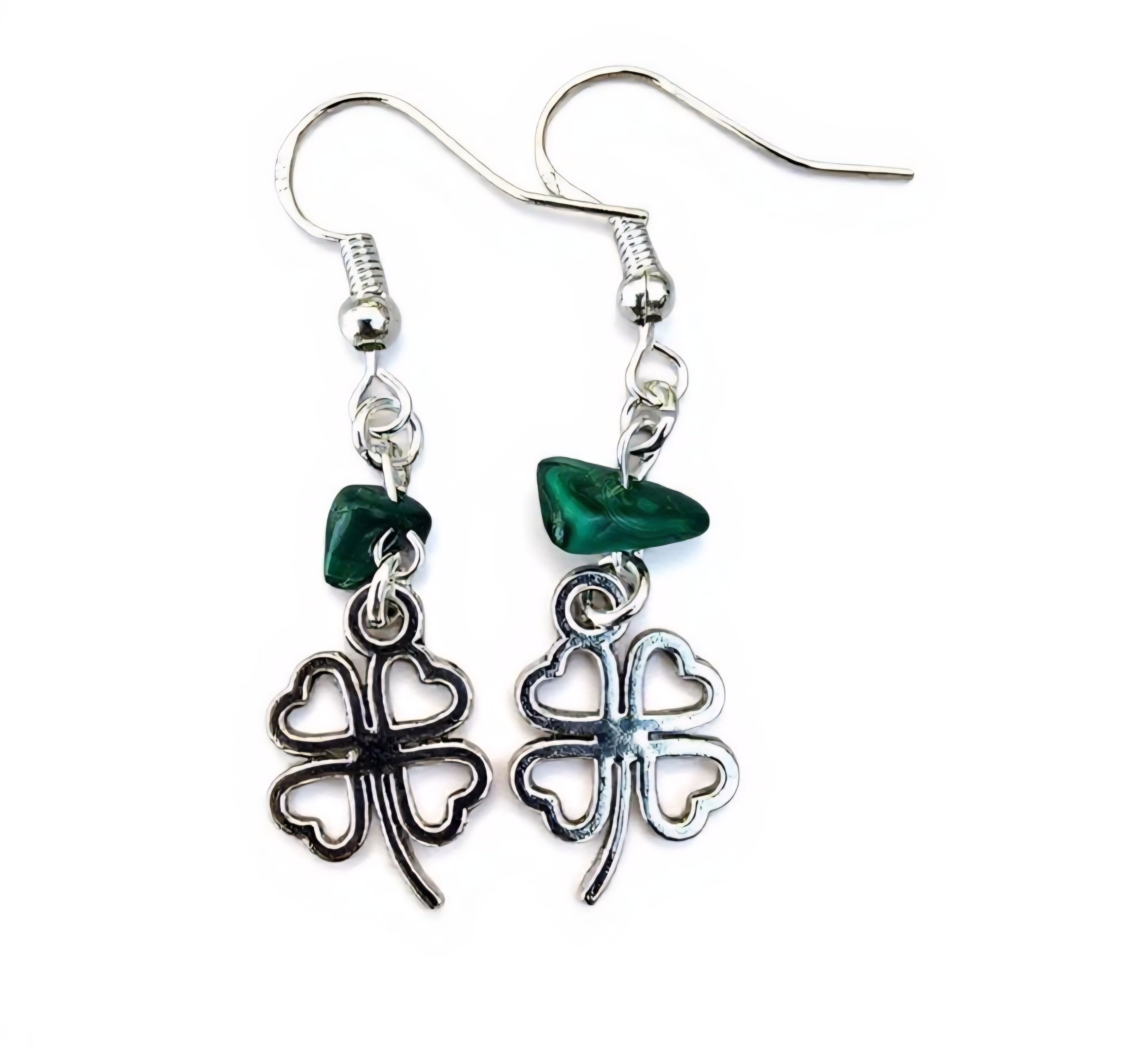 Malachite Clover Earrings - Lucky Four Leaf Clover Earrings - Crystal Earrings - Protection Jewellery - Spiritual Gift - Handmade Earrings - Cornish Creations