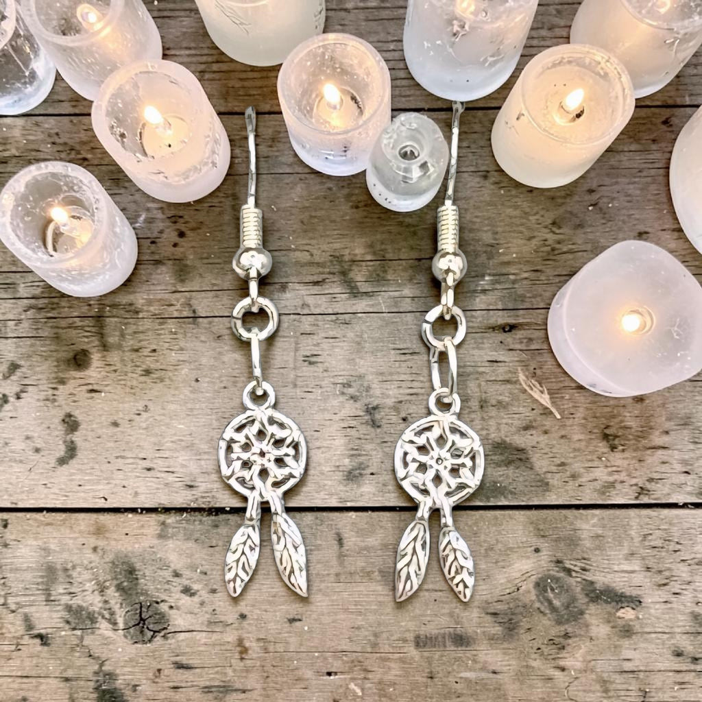Dreamcatcher Earrings - Boho Earrings - Spiritual Jewellery - Feather Earrings - Protection Jewellery - Handmade Gift - Festival Earrings