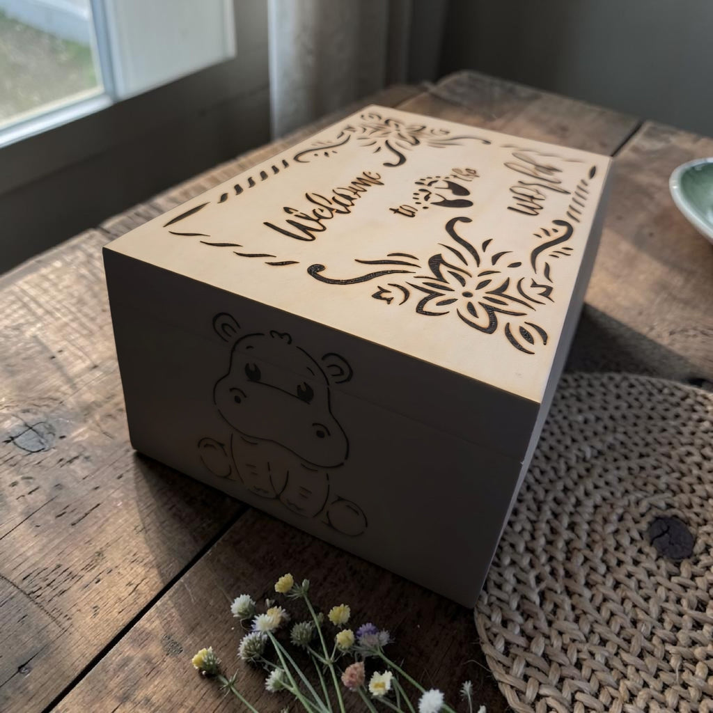 Personalised Baby Keepsake Box - New Baby Memory Box - Handmade Wooden Gift - Safari Animal Nursery Gift