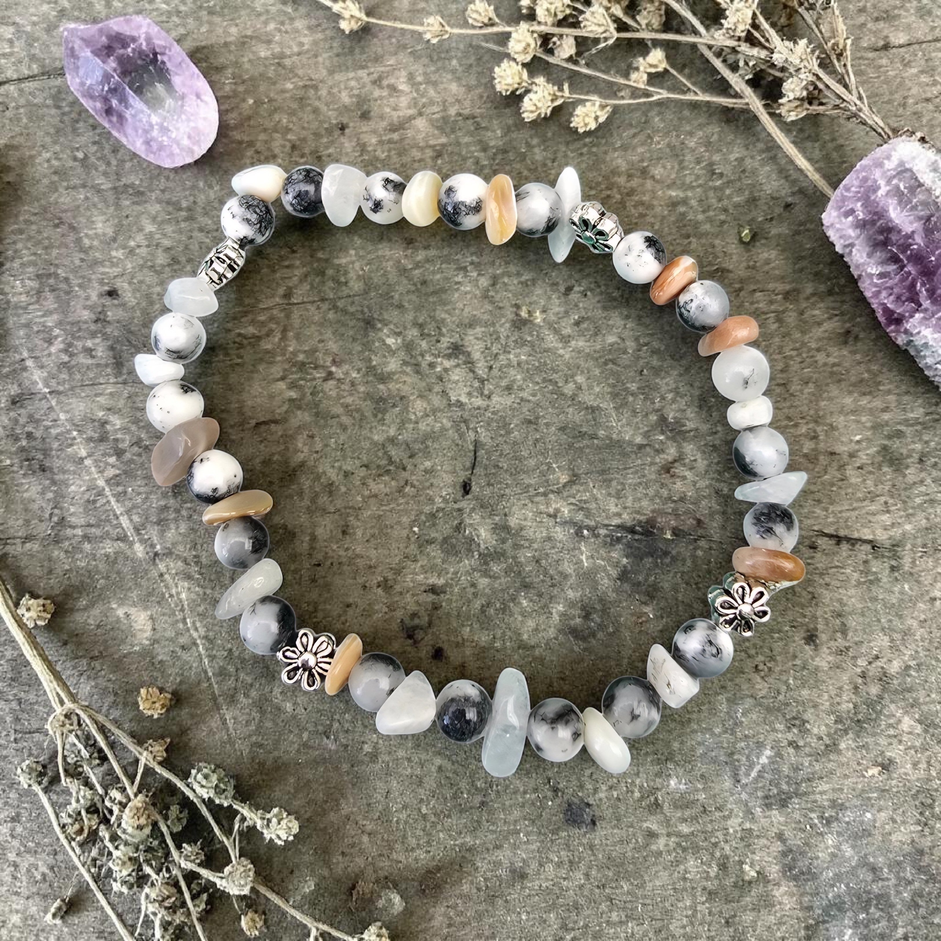 Merlinite & Moonstone Bracelet - Dendritic Opal Crystal Bracelet - Intuition & Spiritual Growth Jewellery