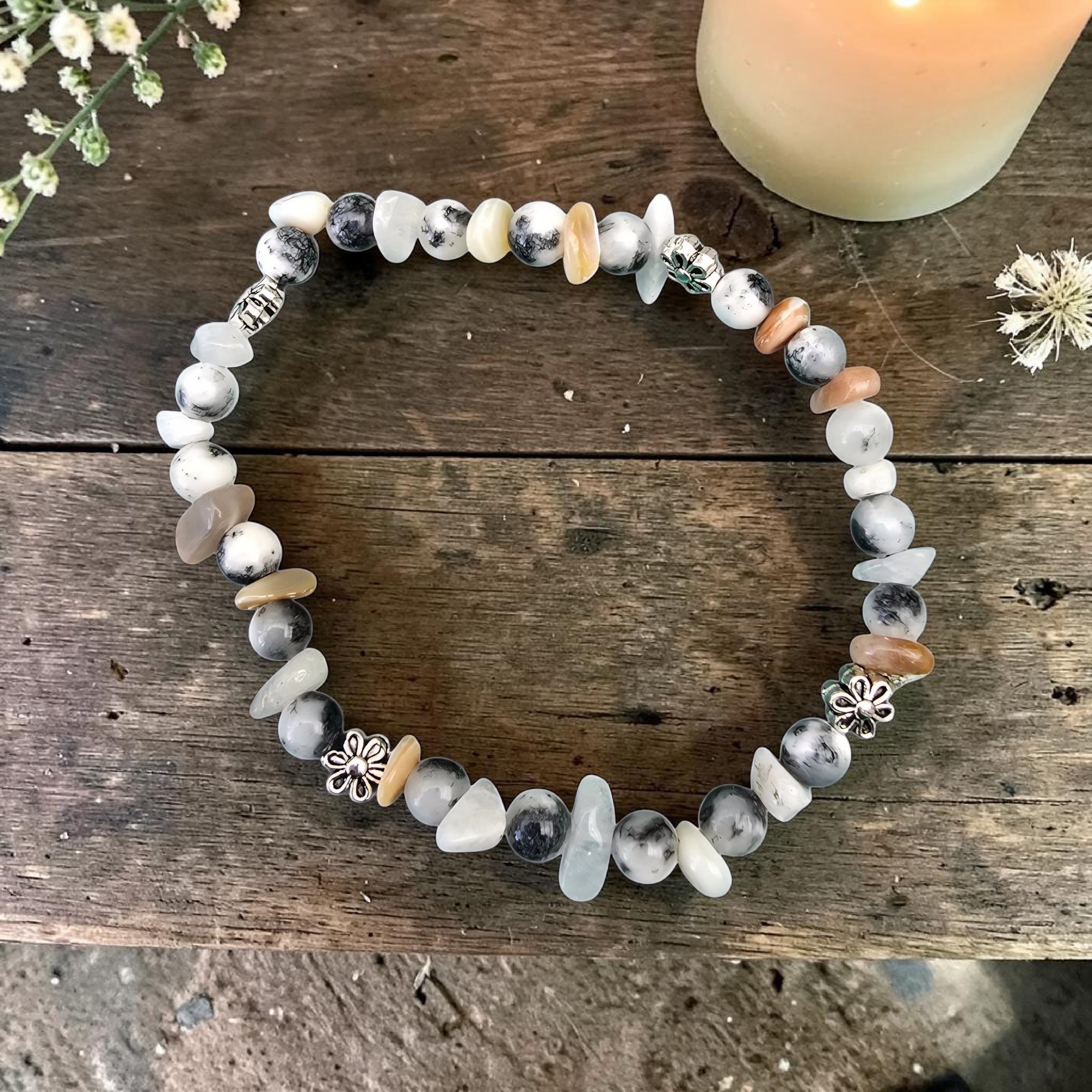 Merlinite & Moonstone Bracelet - Dendritic Opal Crystal Bracelet - Intuition & Spiritual Growth Jewellery